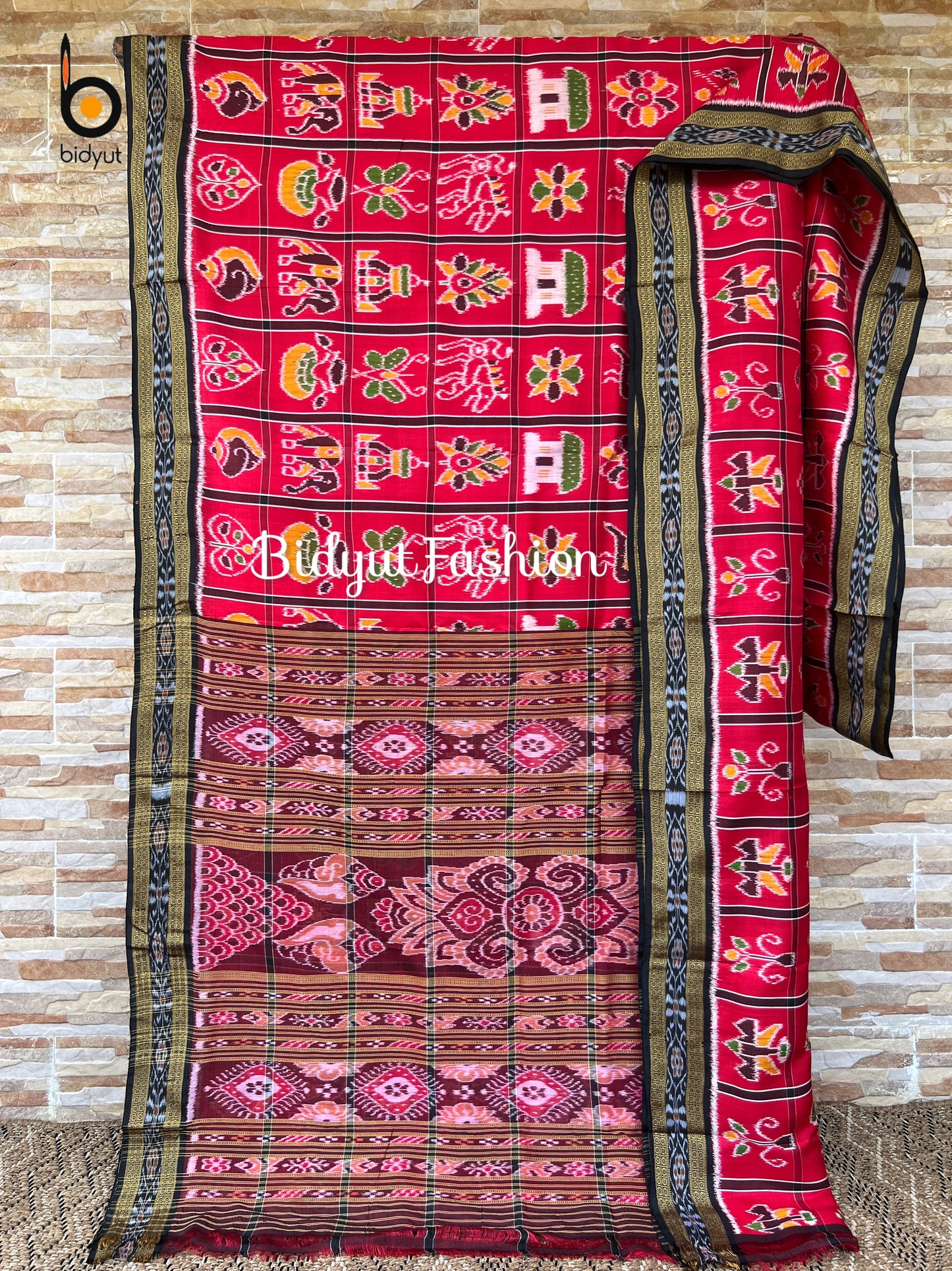 Handlooms of Odisha Nuapatna Khandua Nabakothi Ikat Silk Saree Red color