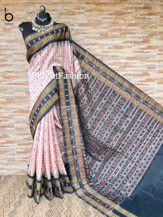 Masterpiece of Odisha handloom Hazarbuti Silk Saree pastel pink color - Bomkai with Sambalpuri Ikat work