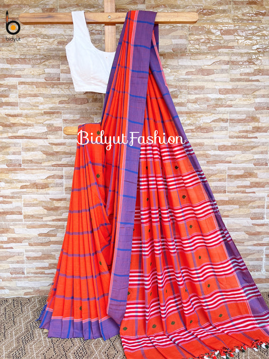 Handlooms of Odisha Santhal Tribal Cotton Sarees Orange color