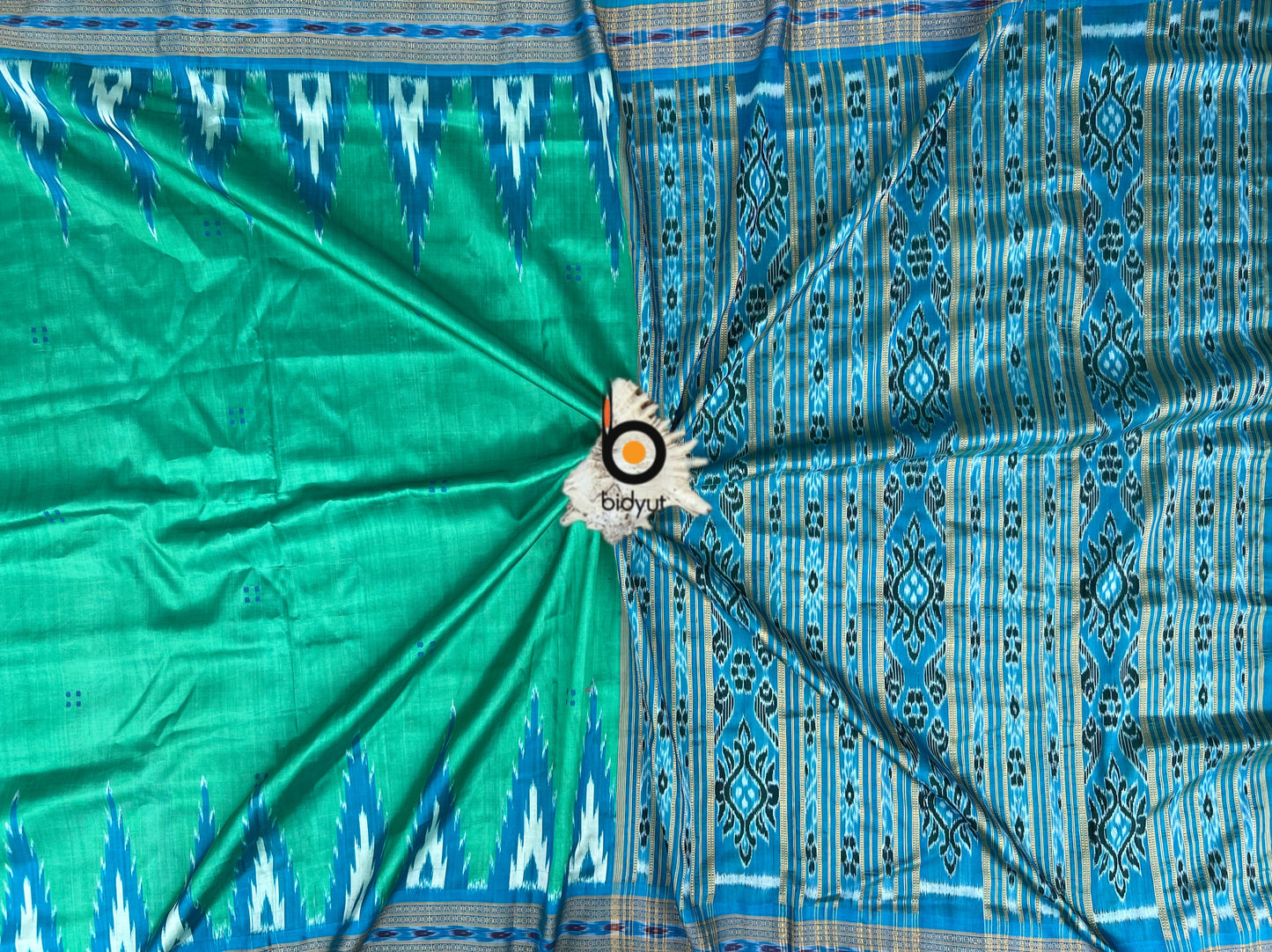 Handlooms of Odisha Nuapatna Khandua Ikat Silk Saree Turquoise Green color