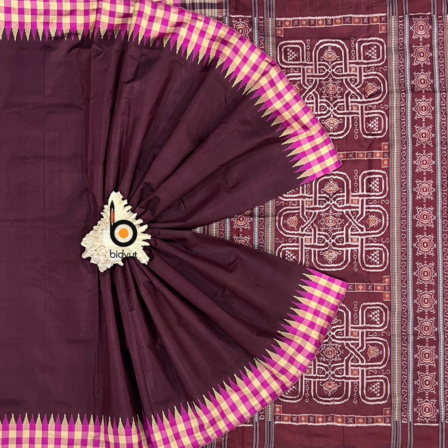 Handlooms of Odisha Sambalpuri Phoda Kumbha Ikat Tussar Silk saree Dark Maroon color