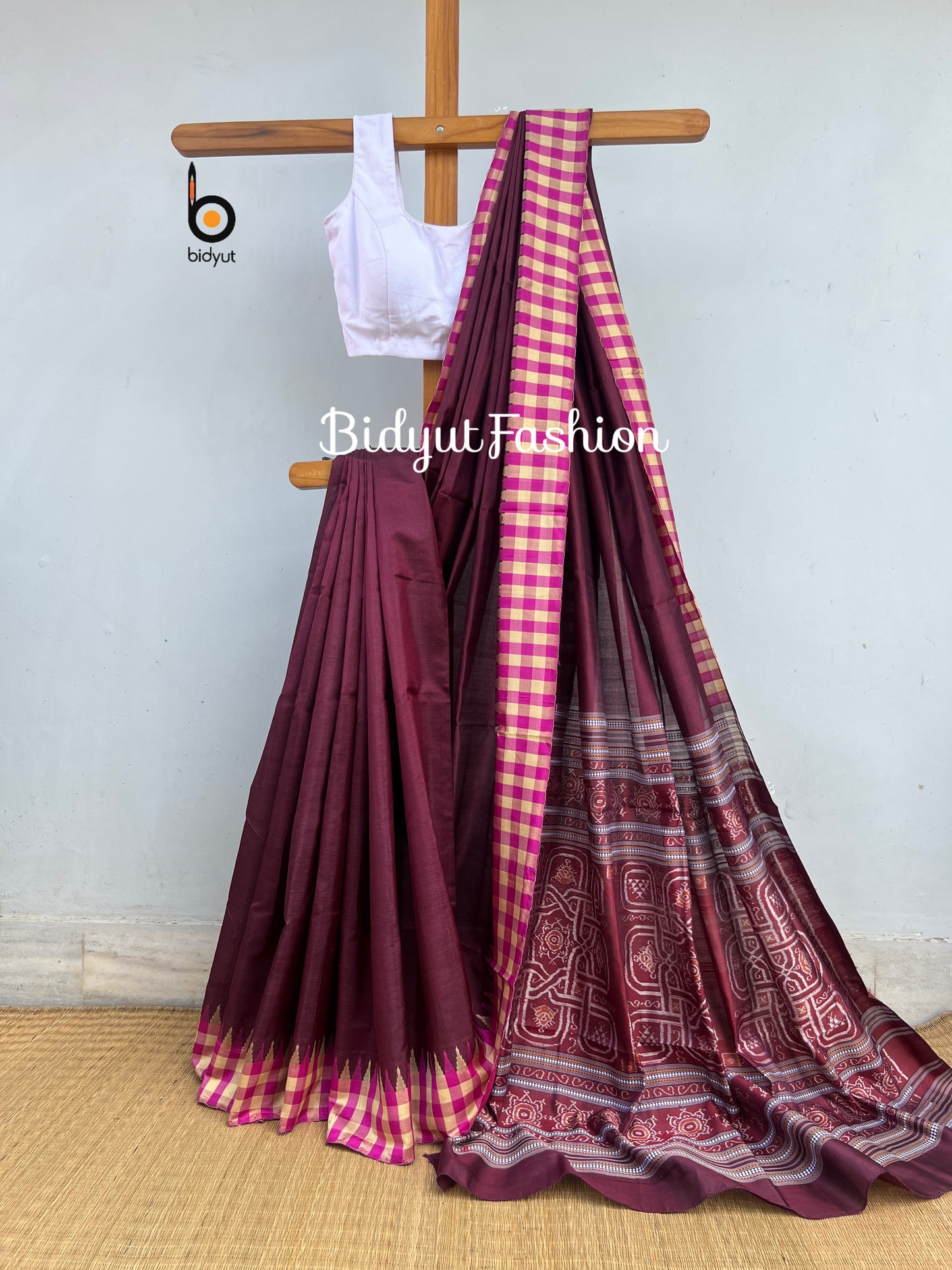 Handlooms of Odisha Sambalpuri Phoda Kumbha Ikat Tussar Silk saree Dark Maroon color