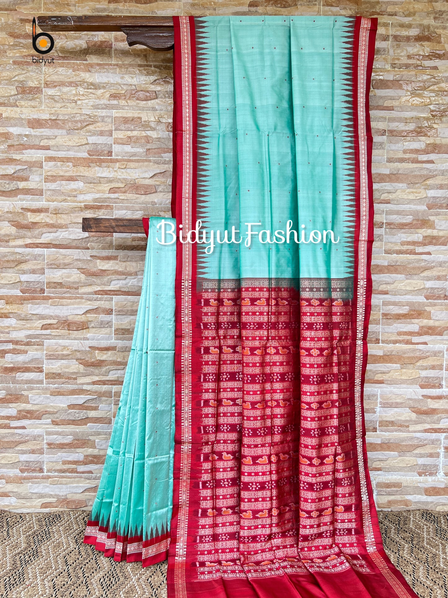 Sambalpuri Silk Saree | Ek Phulia Ikat | Aqua & Red | Handwoven Odisha