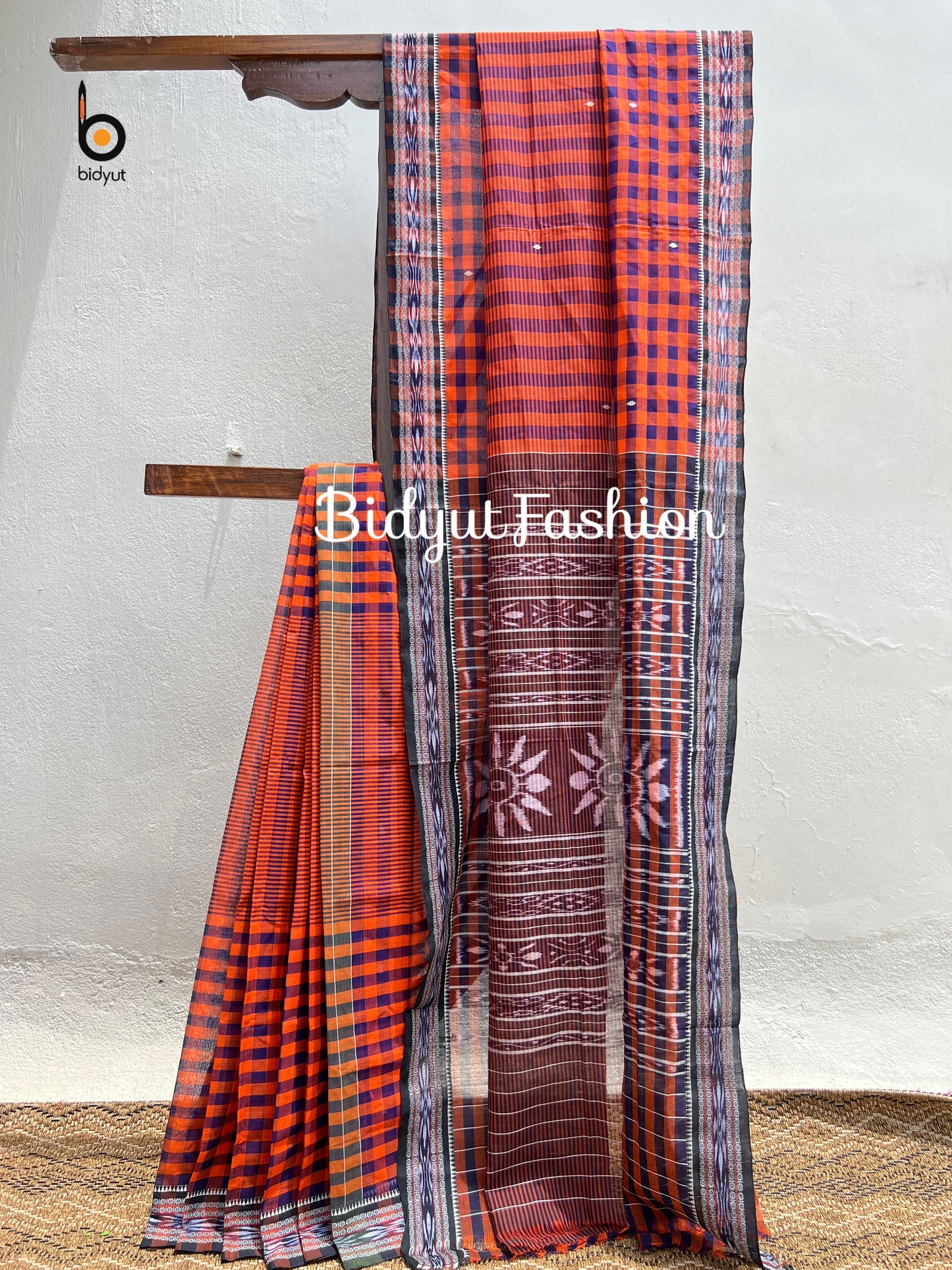 Handlooms of Odisha Jagatsinghpur Suta Ikat Cotton Saree Orange color