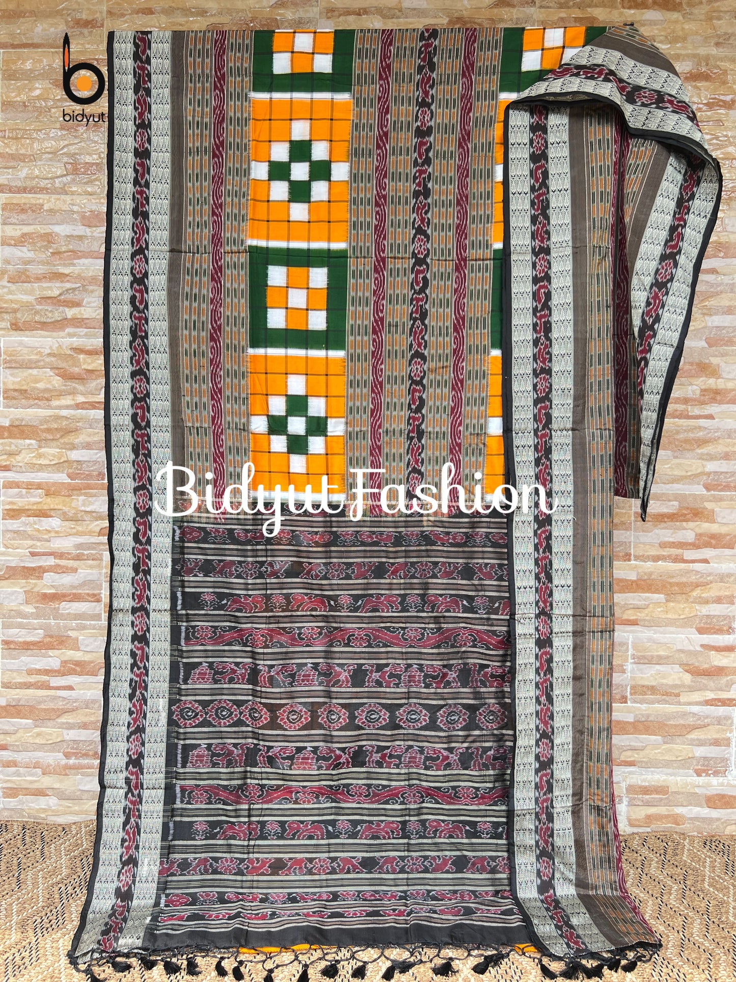 Handlooms of Odisha Sambalpuri Double Ikat Bichitrapuri Silk Saree Orange color