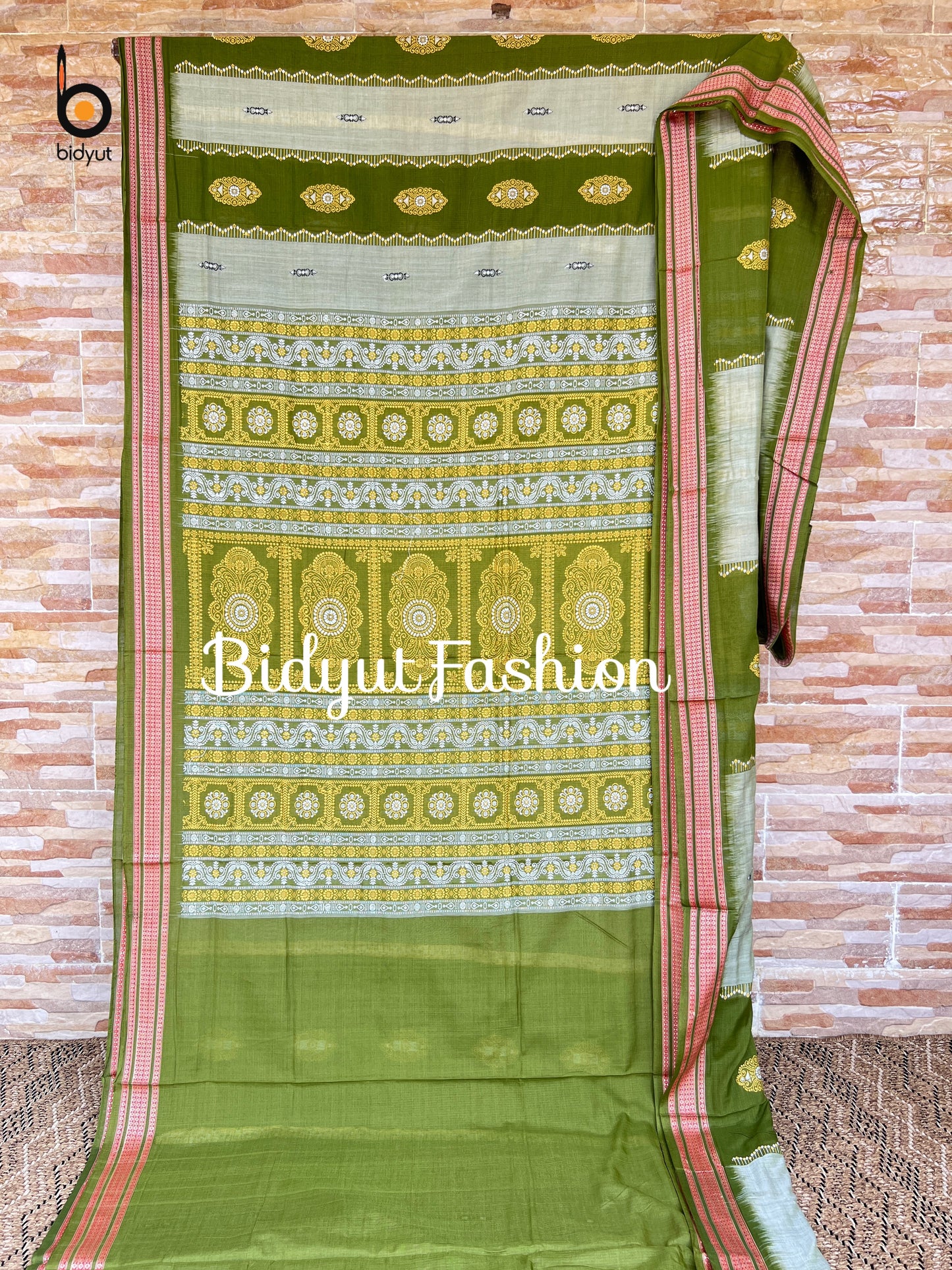 Handlooms of Odisha Sambalpuri Bomkai Cotton Saree green color
