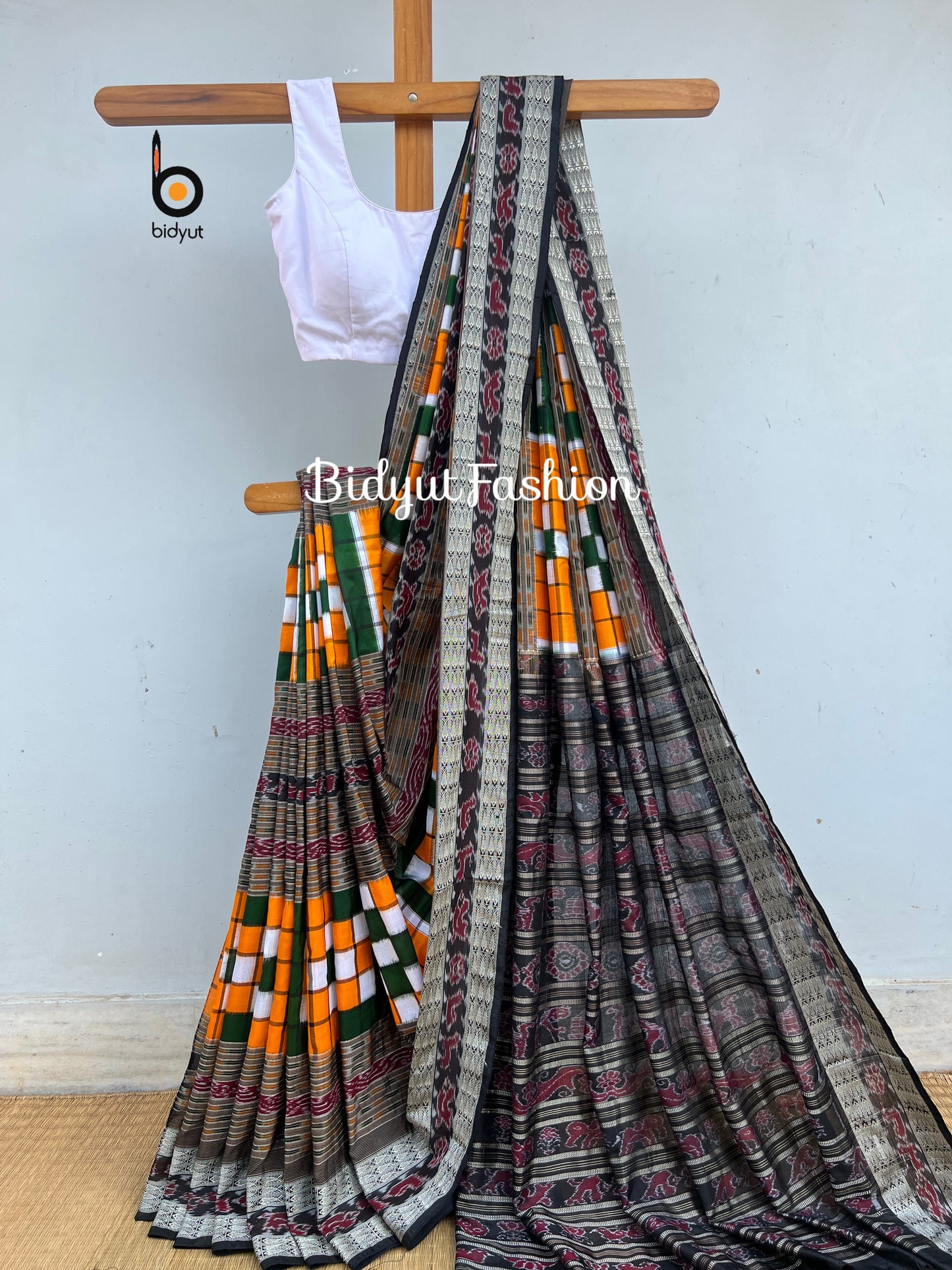 Handlooms of Odisha Sambalpuri Double Ikat Bichitrapuri Silk Saree Orange color