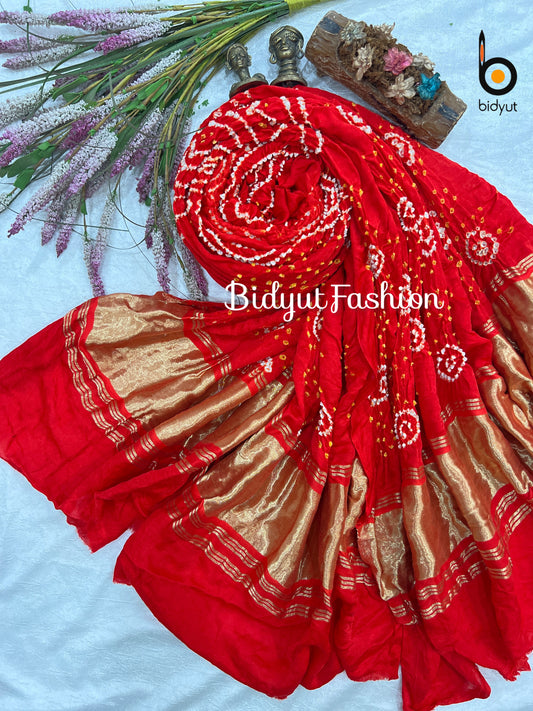 Bandhani Hand-Knotted Pure Gaji Silk Dupatta Red Color
