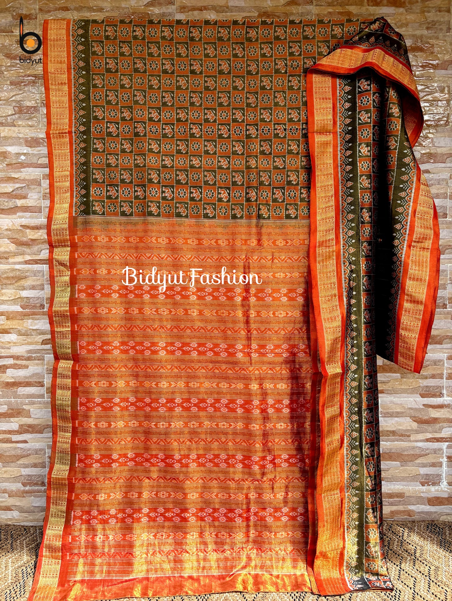 Handlooms of Odisha Sambalpuri Ikat Tissue Silk Saree Olive Green with Rust Orange color