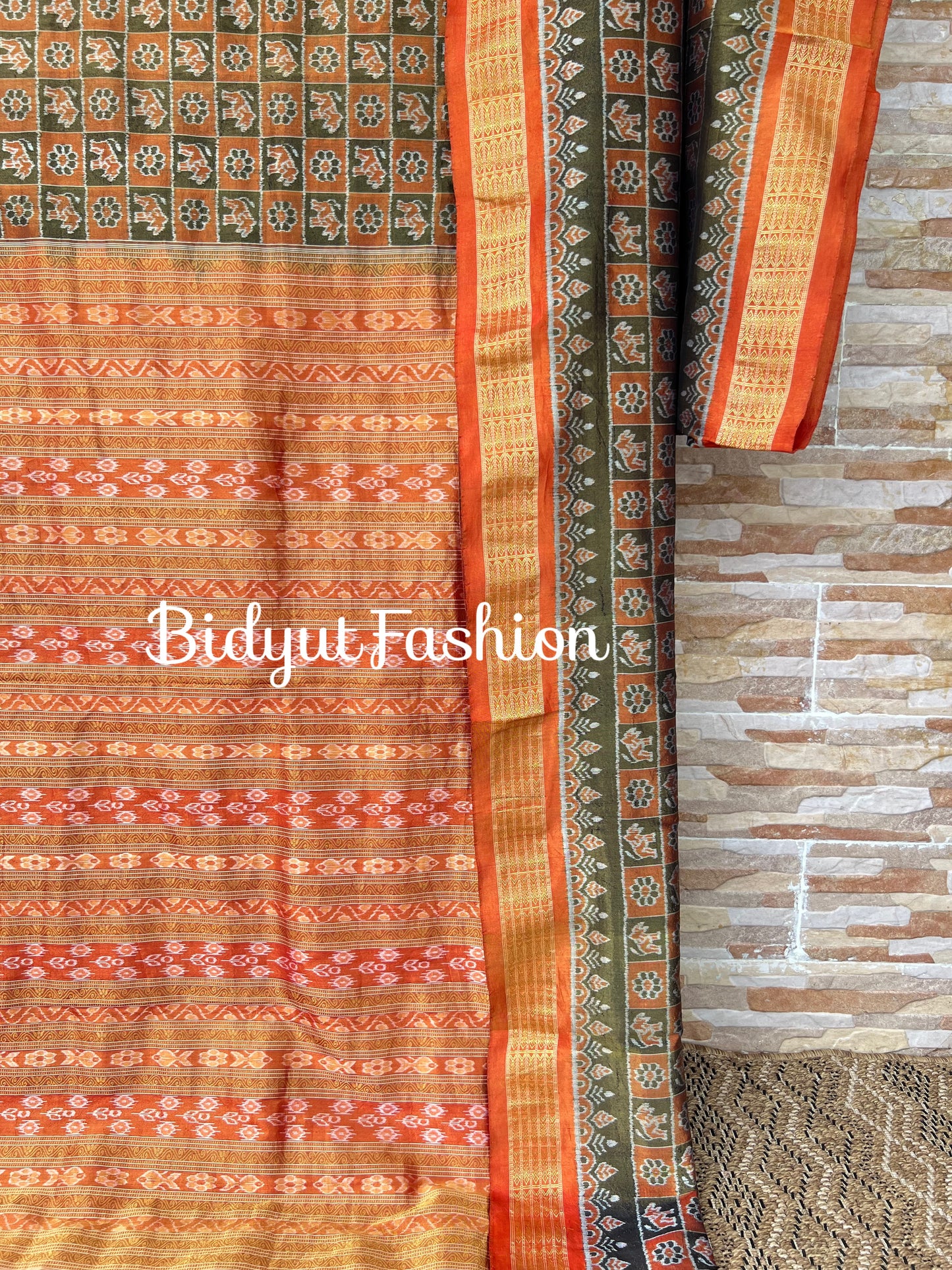 Handlooms of Odisha Sambalpuri Ikat Tissue Silk Saree Olive Green with Rust Orange color