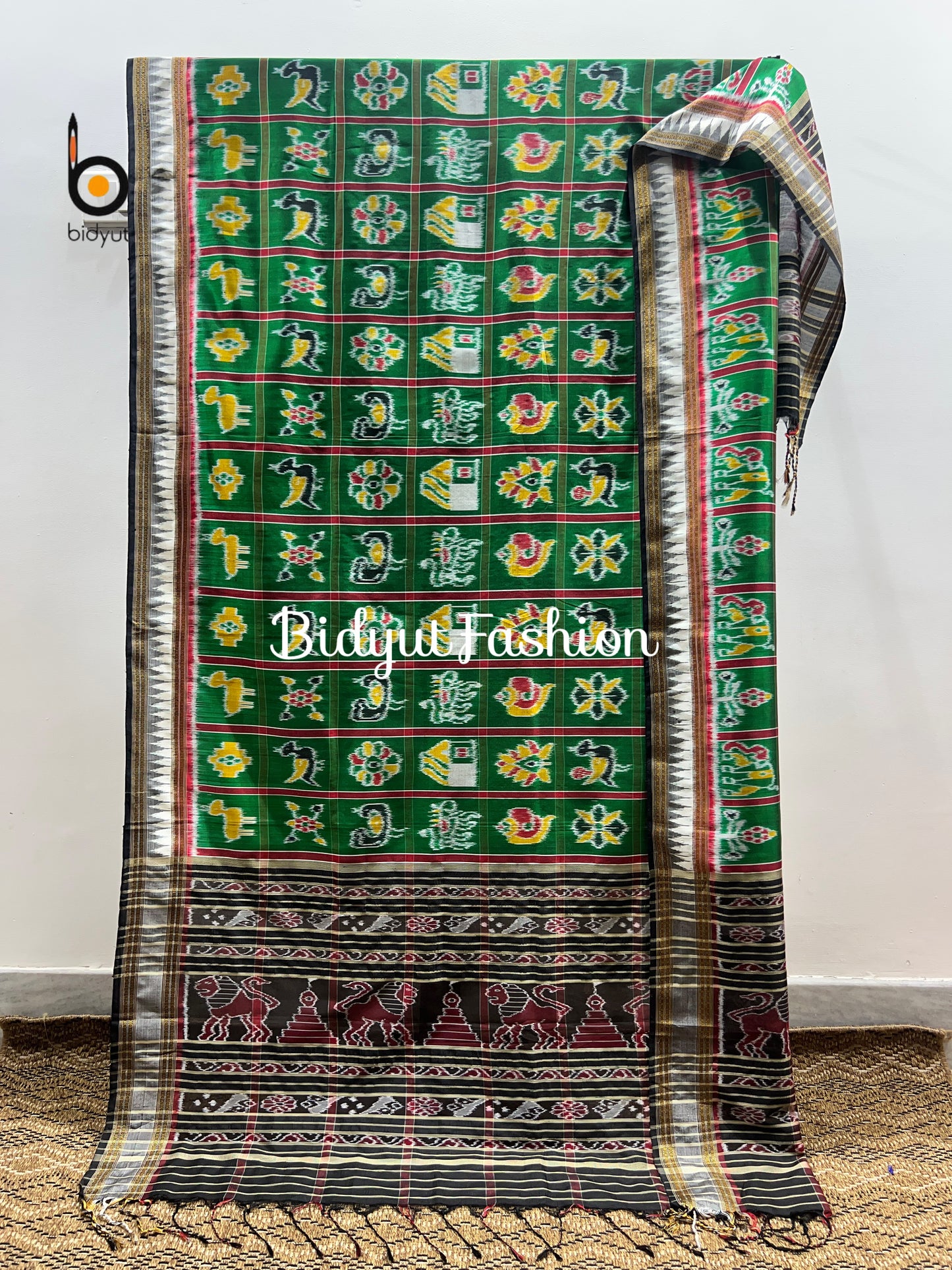 Handlooms of Odisha Nabakothi Ikat Silk Dupatta Green color