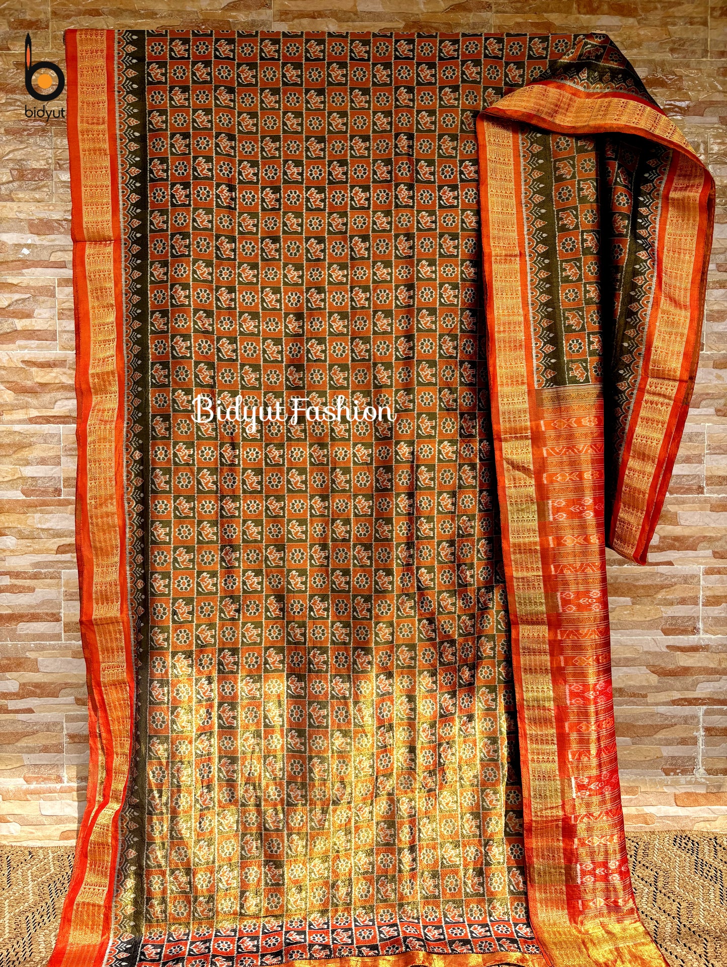 Handlooms of Odisha Sambalpuri Ikat Tissue Silk Saree Olive Green with Rust Orange color
