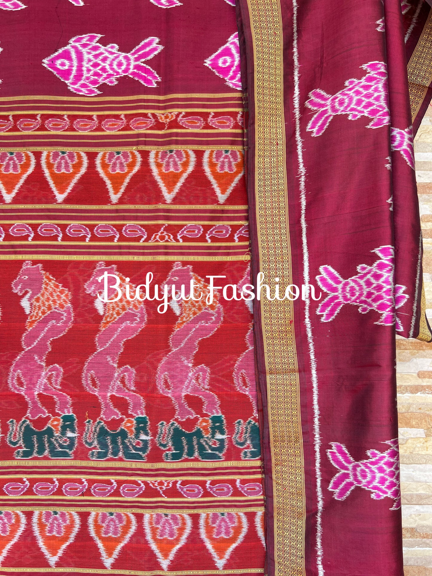 Handlooms of Odisha Nuapatna Ikat Silk Saree Meena Fish motif Maroon color