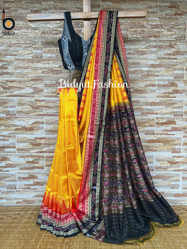 Odisha handloom Sachipar Khandua Ikat  Silk Saree mustard yellow color - Bidyut Fashion