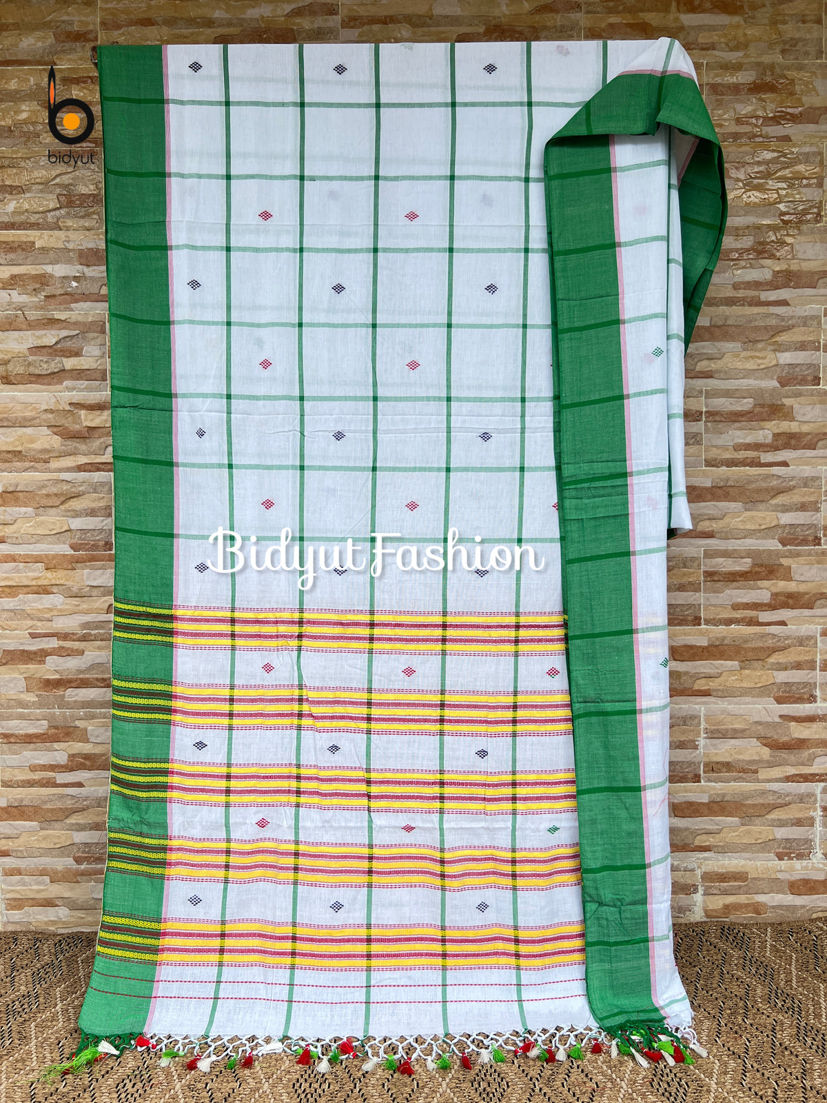 Handlooms of Odisha Santhal Tribal Cotton Saree white in green color