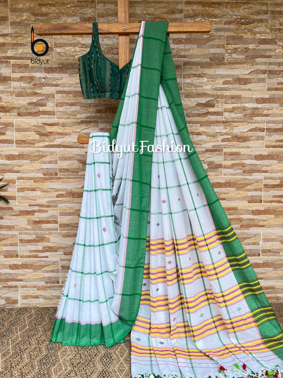 Handlooms of Odisha Santhal Tribal Cotton Saree white in green color