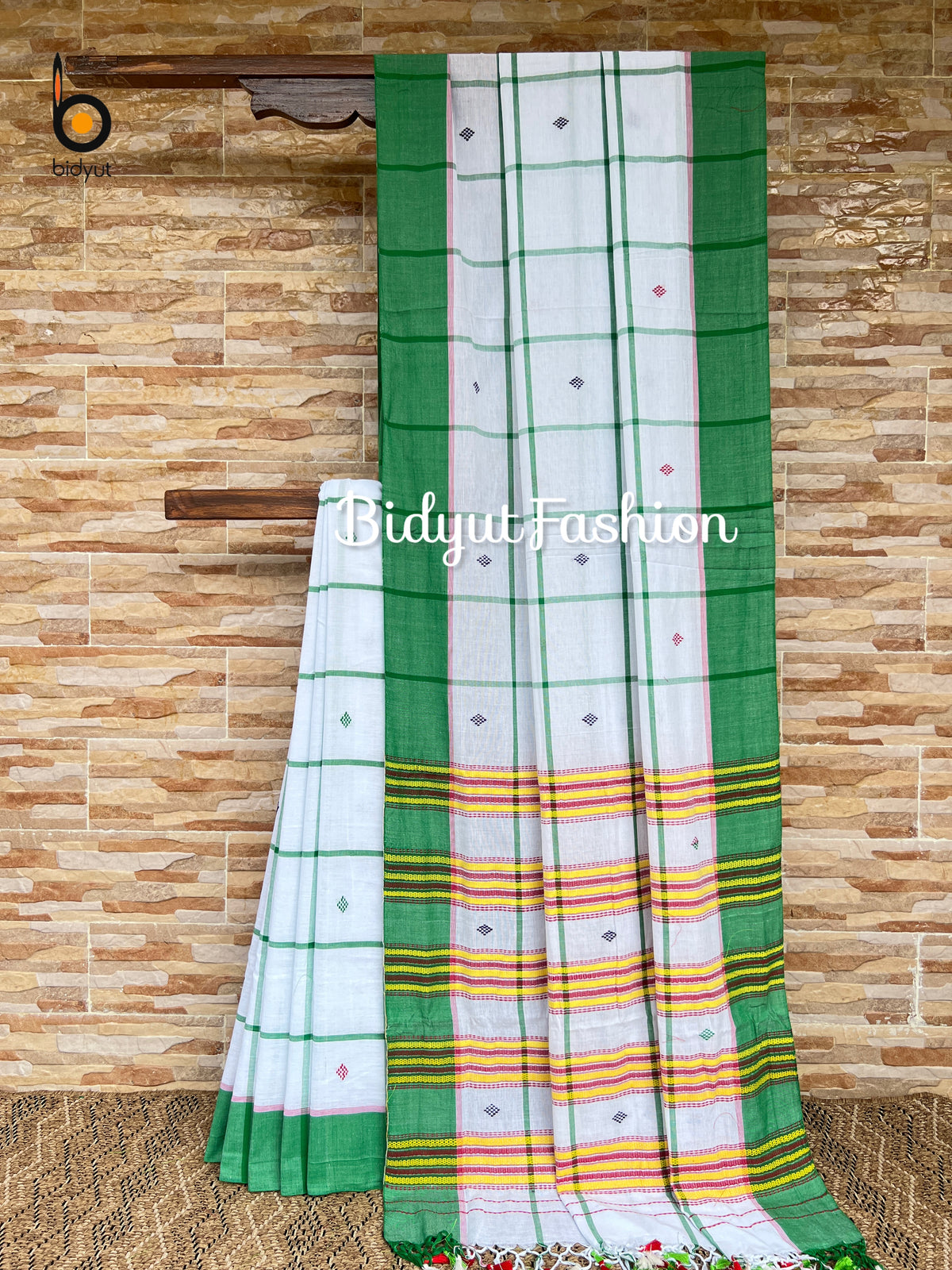 Handlooms of Odisha Santhal Tribal Cotton Saree white in green color