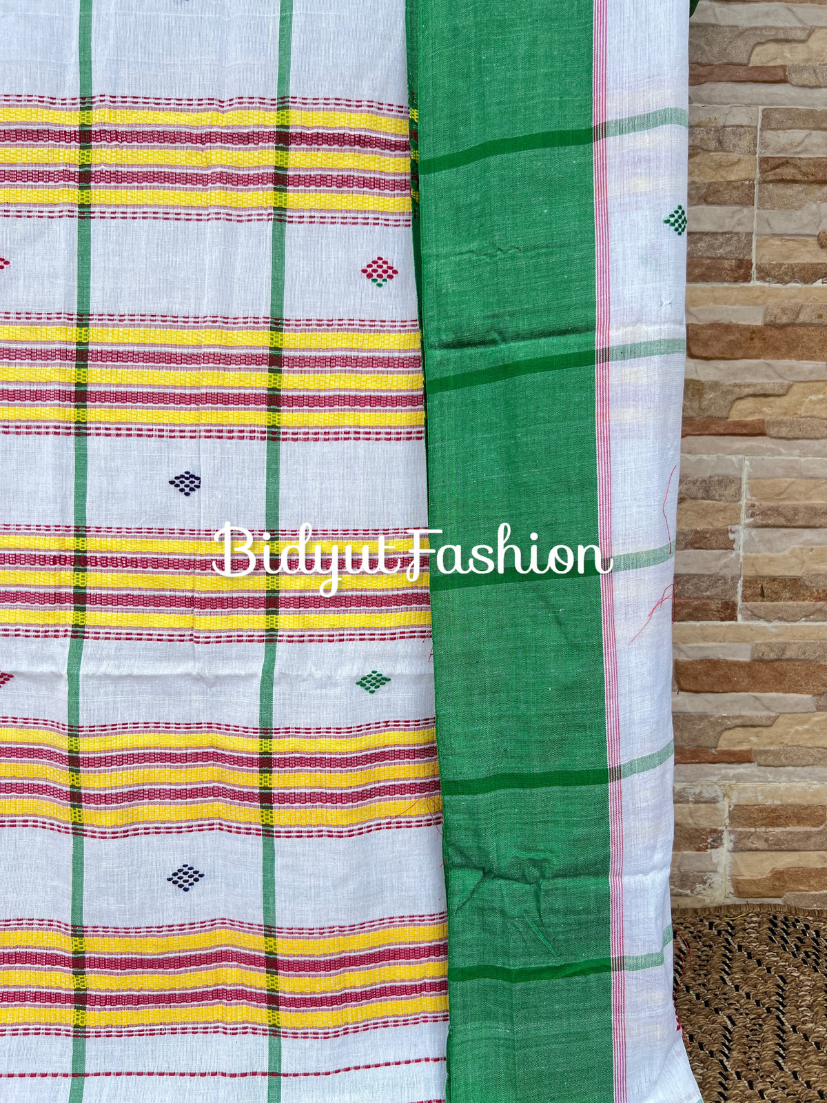 Handlooms of Odisha Santhal Tribal Cotton Saree white in green color