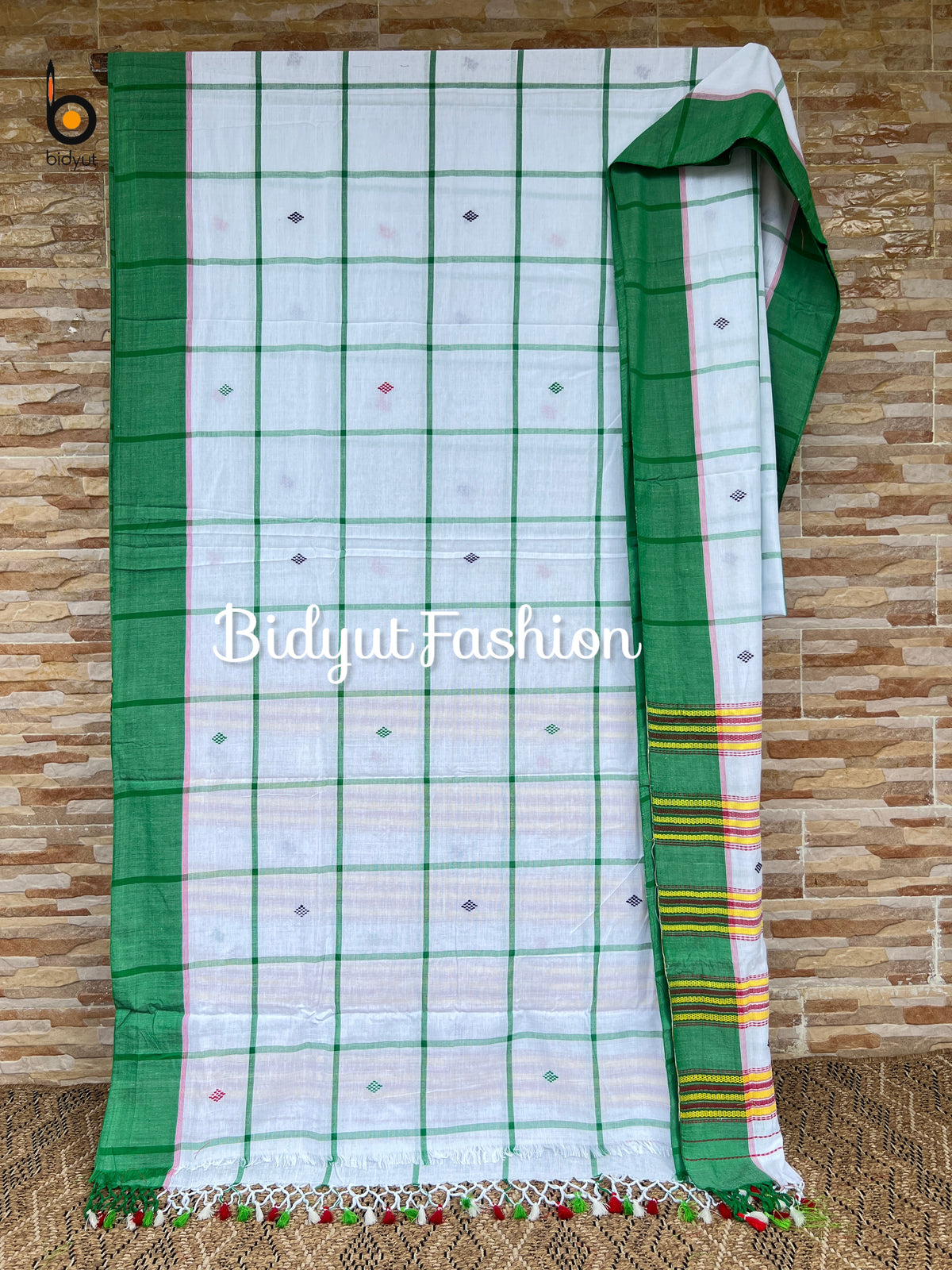 Handlooms of Odisha Santhal Tribal Cotton Saree white in green color