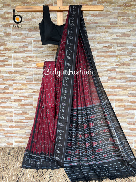 Odisha handloom Nuapatna Maniabandha Ikat Cotton Saree Burgundy Color
