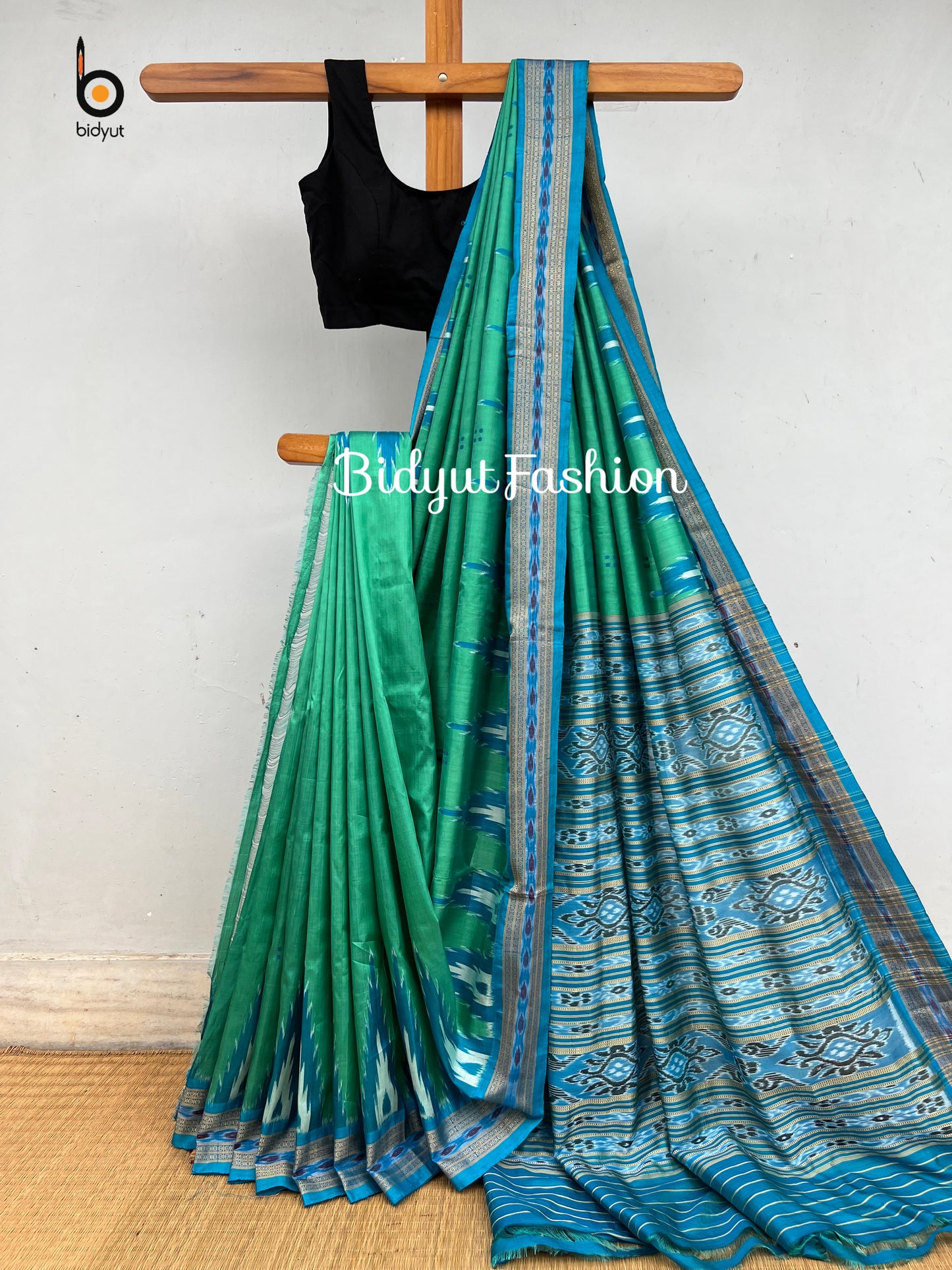 Handlooms of Odisha Nuapatna Khandua Ikat Silk Saree Turquoise Green color