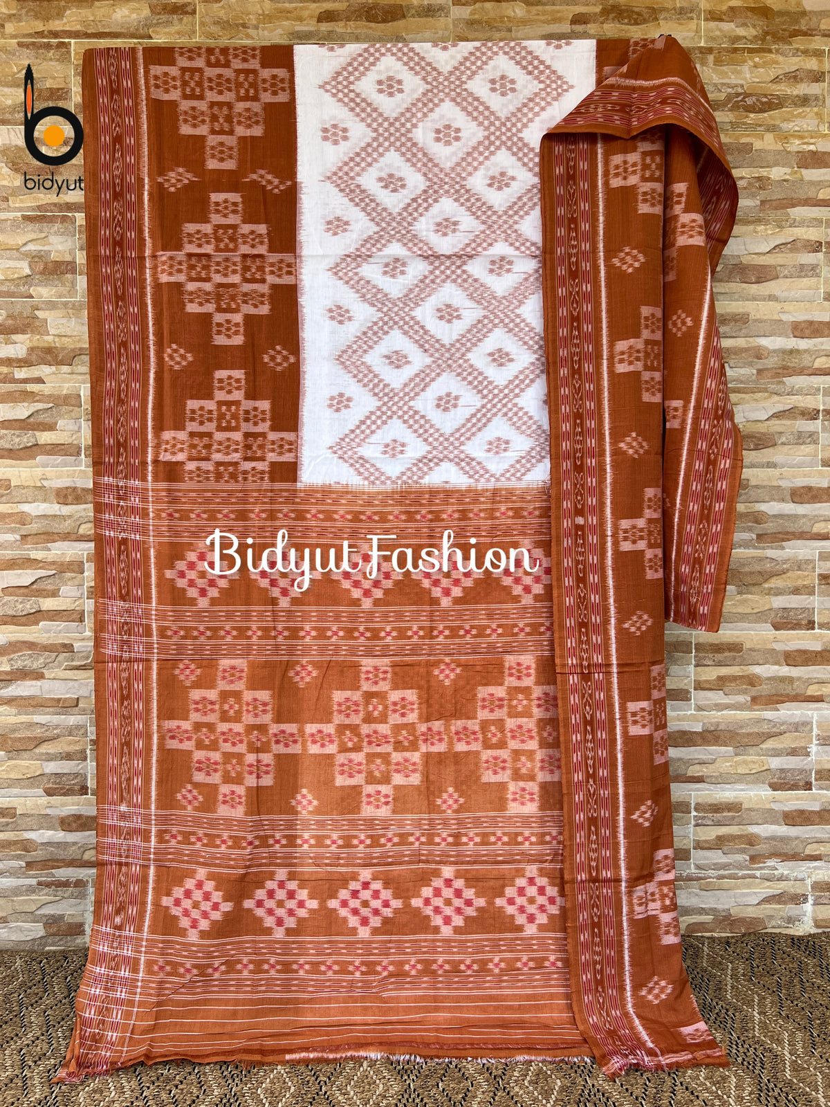 Handlooms of Odisha Maniabandha Nuapatna Taraballi Ikat Cotton Saree white brown color
