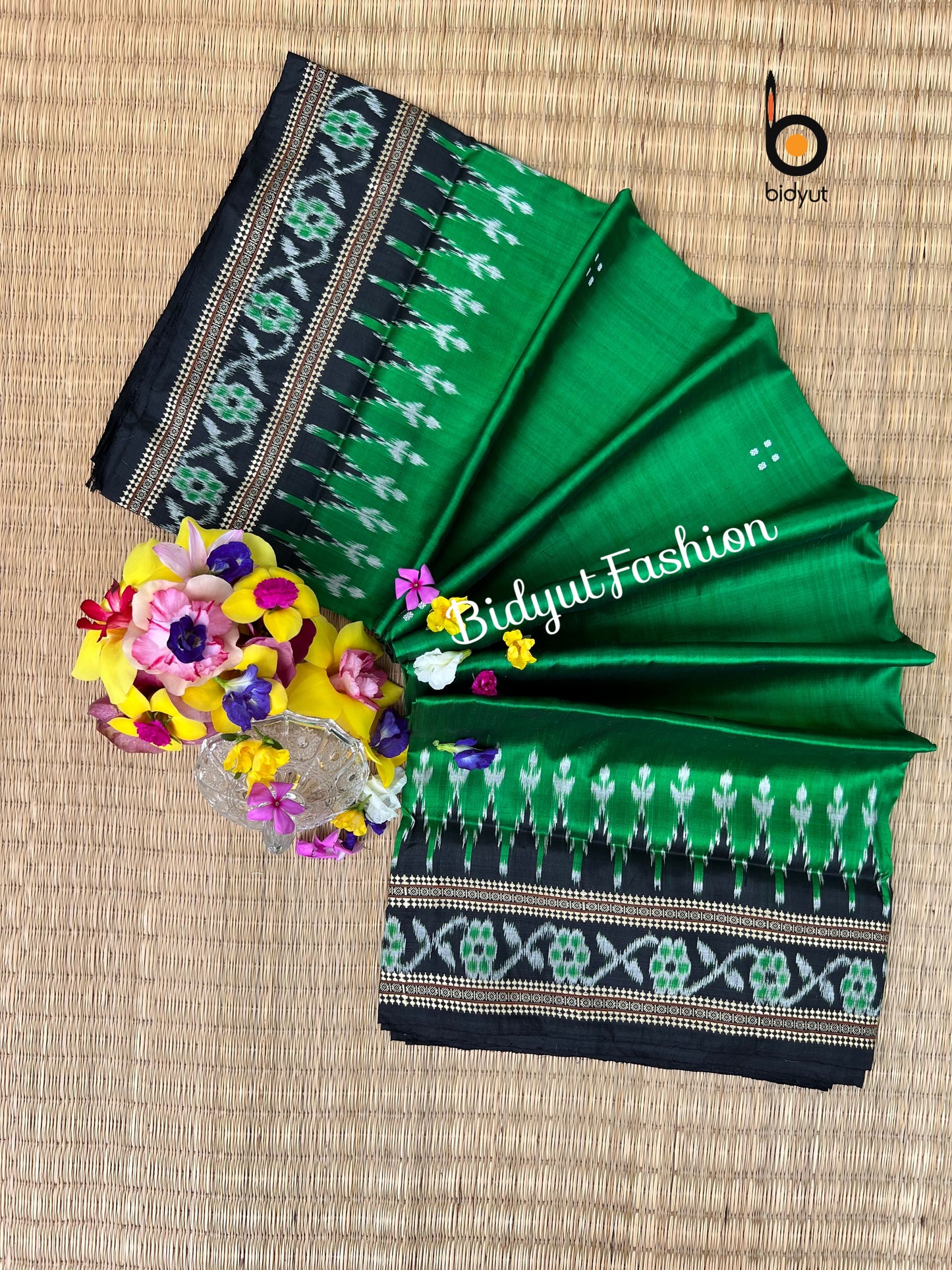 Handlooms of Odisha Nuapatna Khandua Ikat Silk Saree Green color