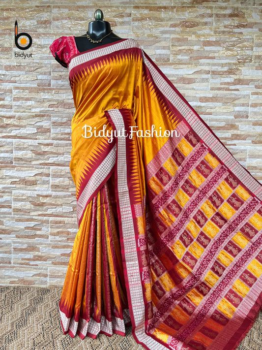 Handlooms of Odisha Sambalpuri Bomkai Silk Saree Rust Orange color