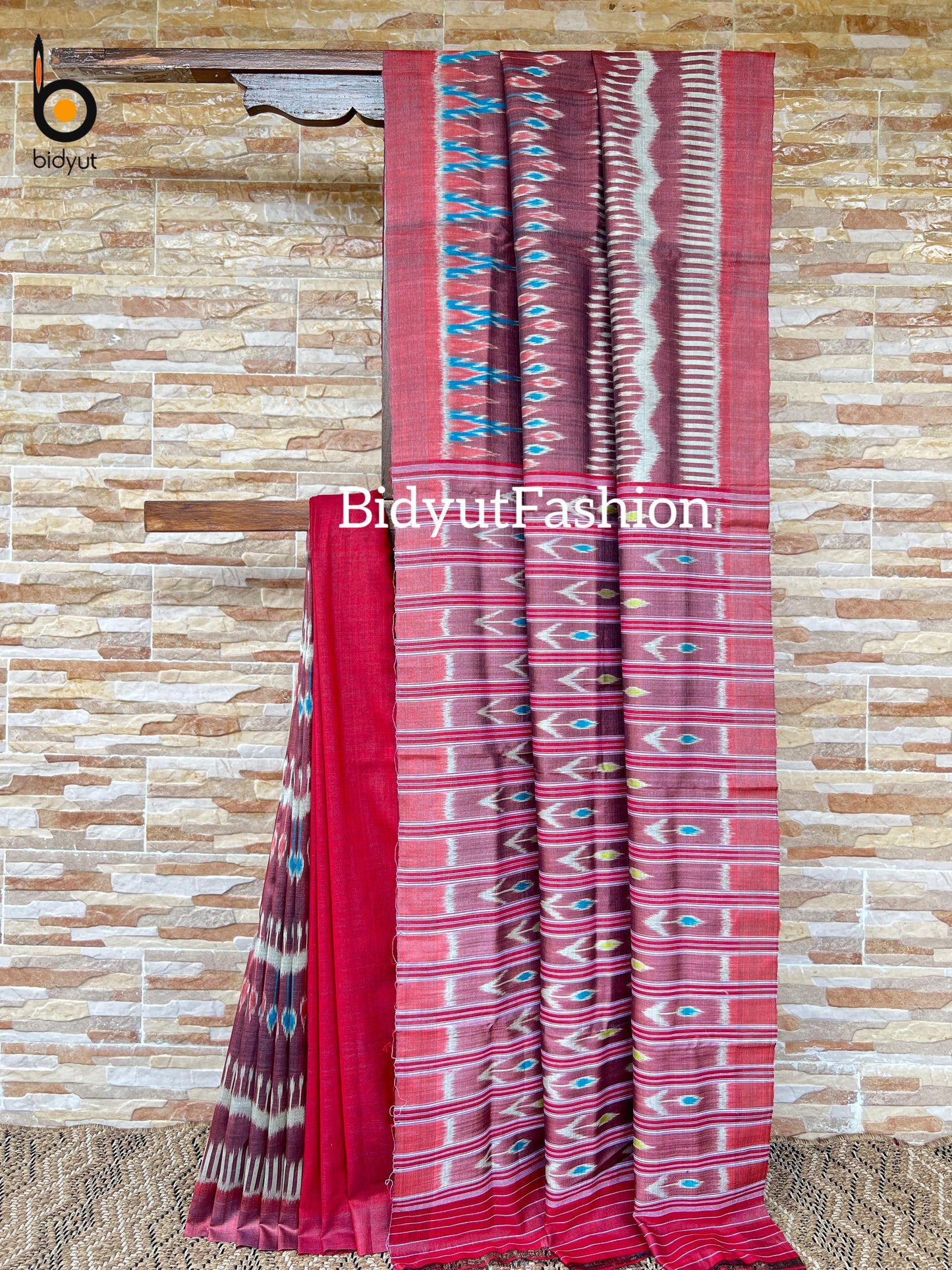 Handlooms of Odisha Gopalpur Ikat Tussar Silk Saree Red color base