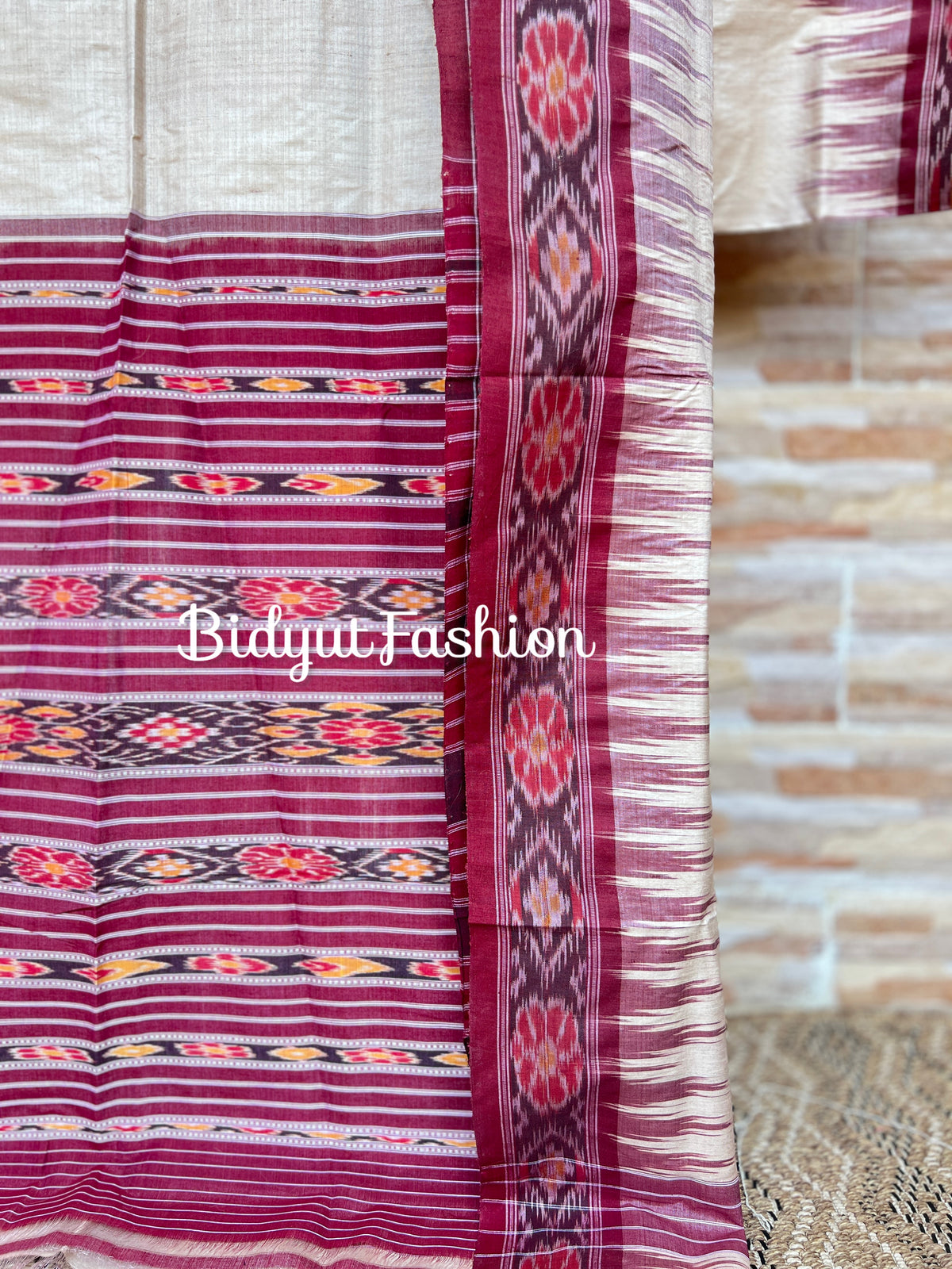 Handlooms of Odisha Gopalpur Ikat Tussar Silk Saree Beige Burgundy Color