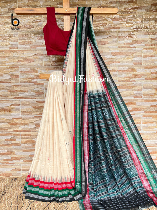 Handlooms of Odisha Sambalpuri Ikat Cotton Saree Off White Color