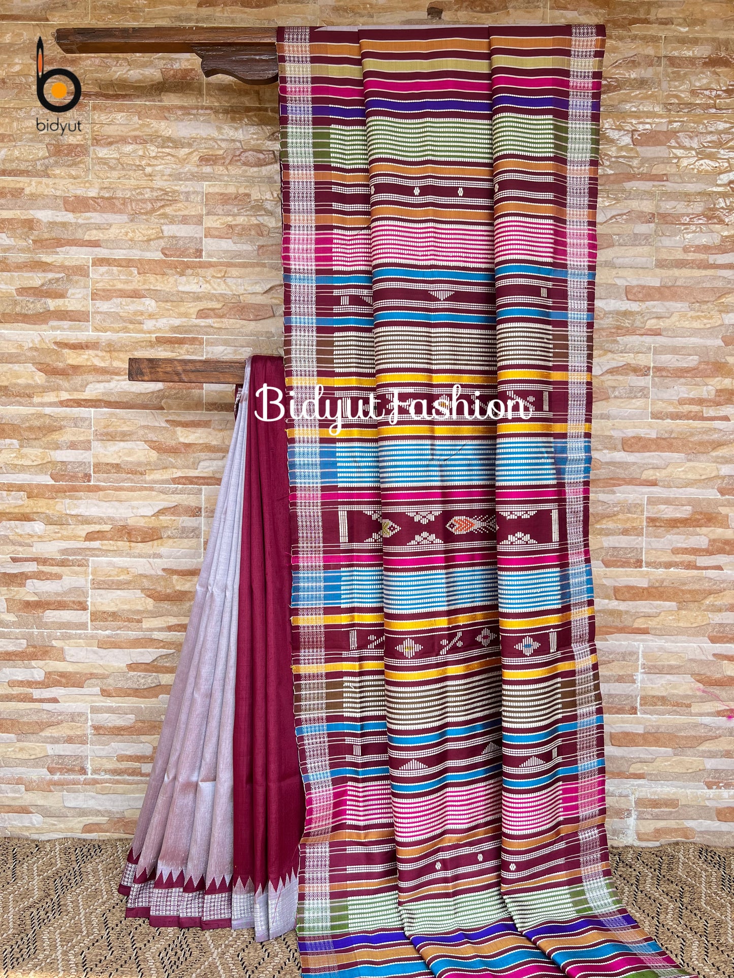 Handlooms of Odisha Berhampuri Double Palla Silk Saree Silver with Wine undertone color