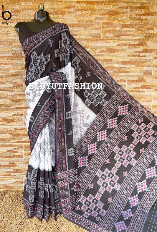 Handlooms of Odisha Maniabandha Nuapatna Taraballi Ikat Cotton Saree white black color