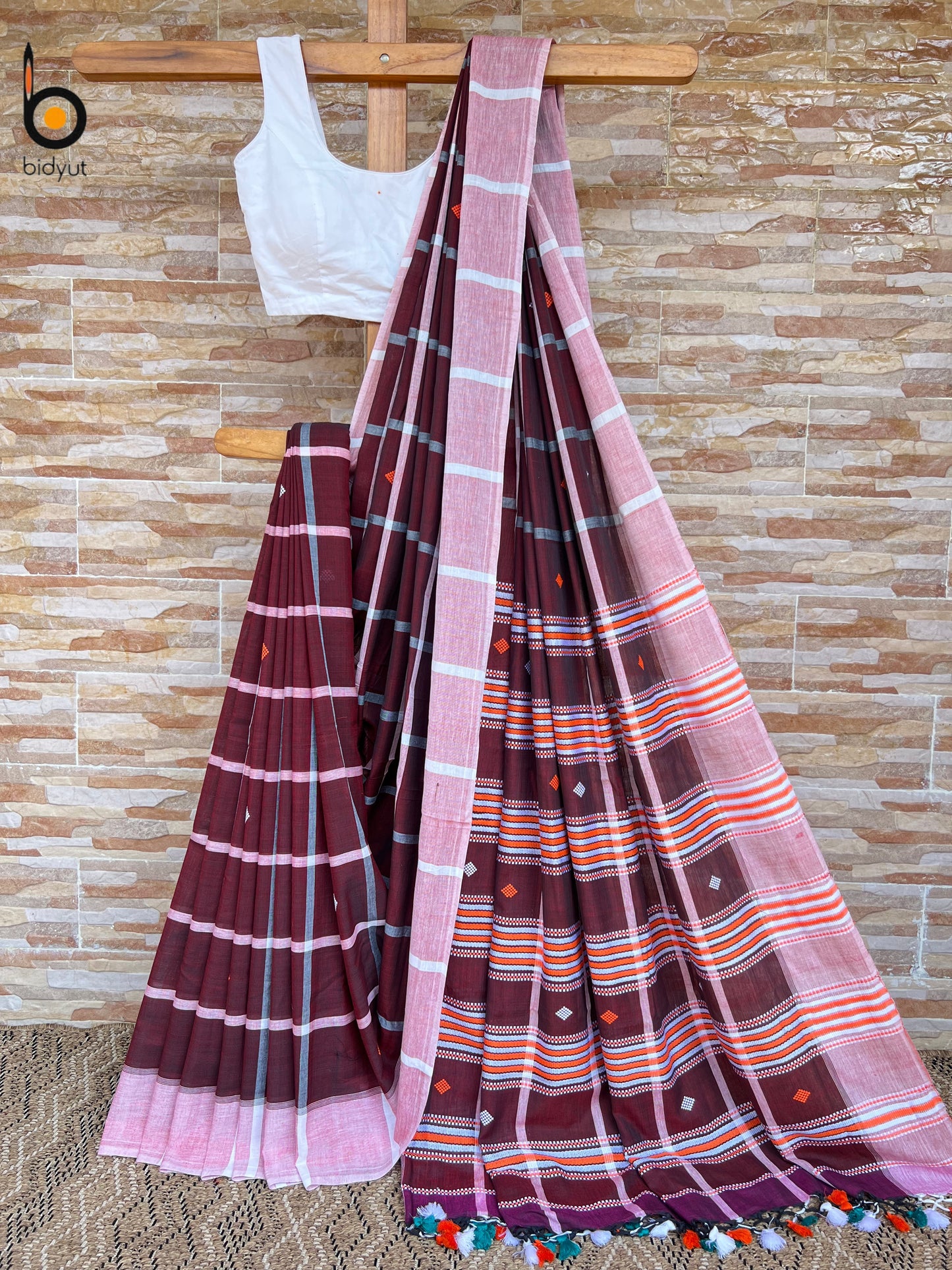 Handlooms of Odisha Santhal Tribal Cotton Sarees Burgundy color