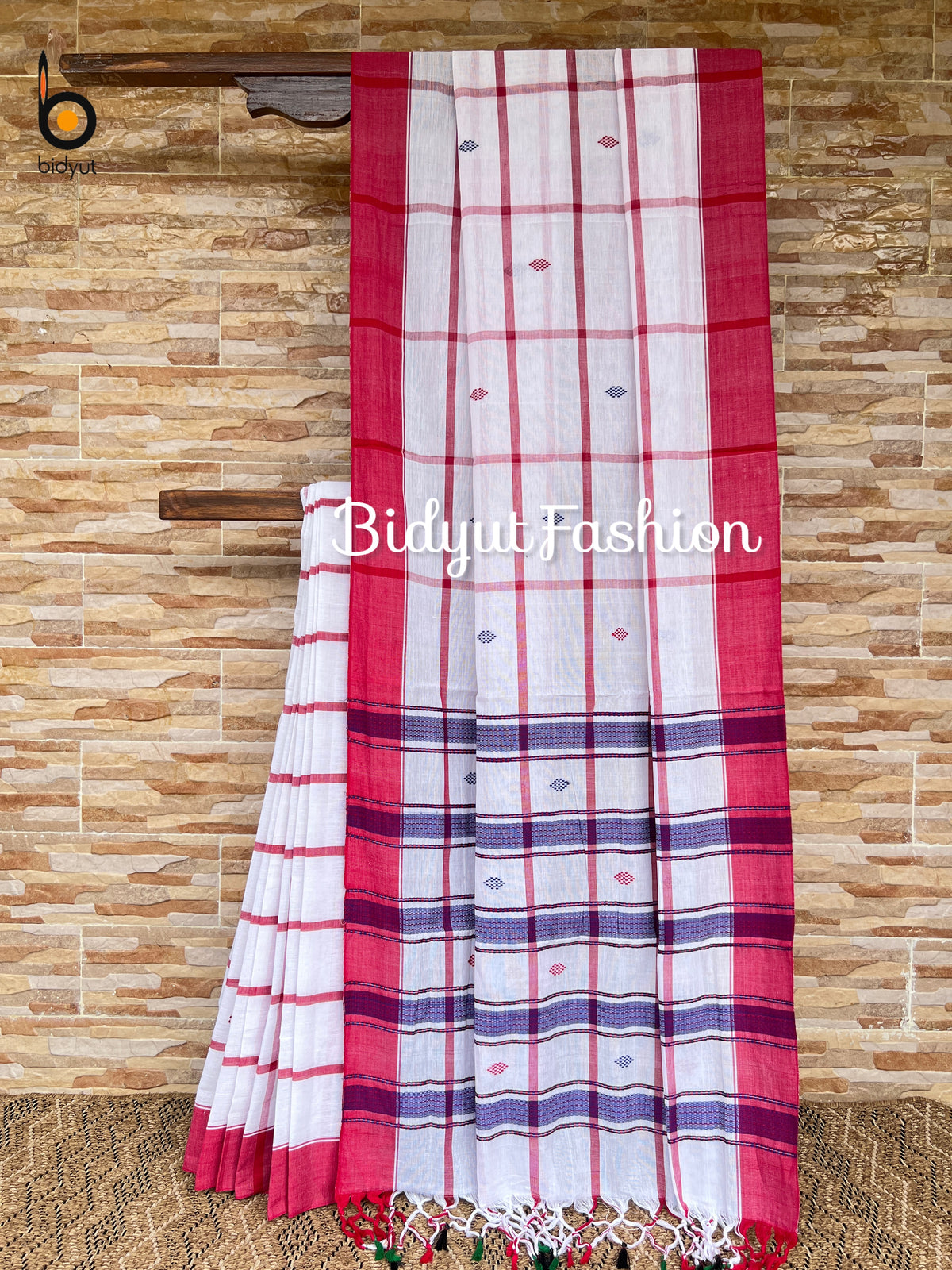 Handlooms of Odisha Santhal Tribal Cotton Saree white in red color