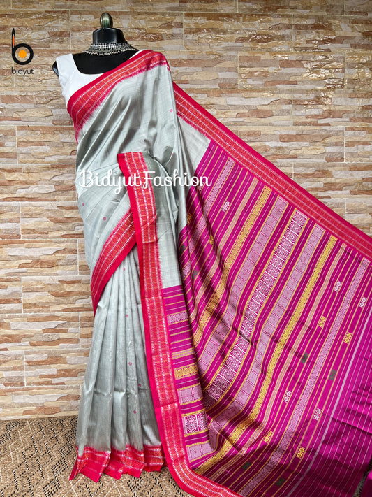 Odisha handloom| Siminoi design| Nuapatna Extra weft Silk Saree Silver Grey Color