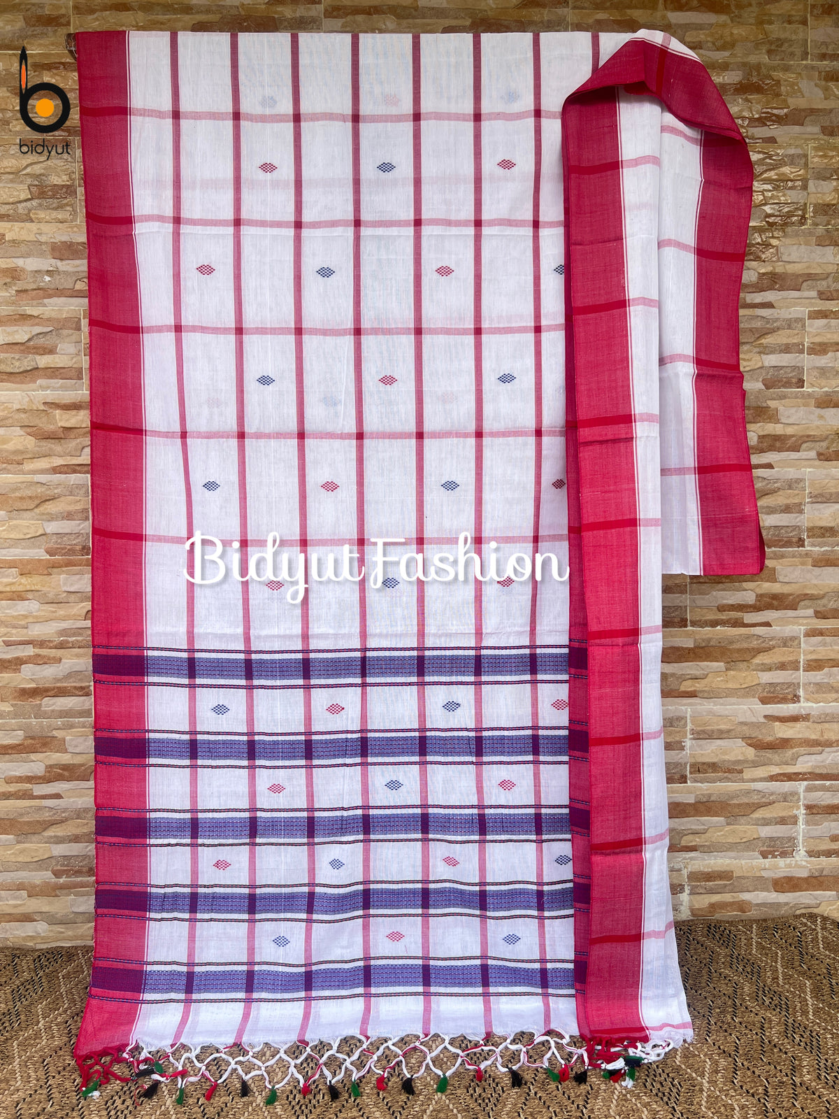 Handlooms of Odisha Santhal Tribal Cotton Saree white in red color