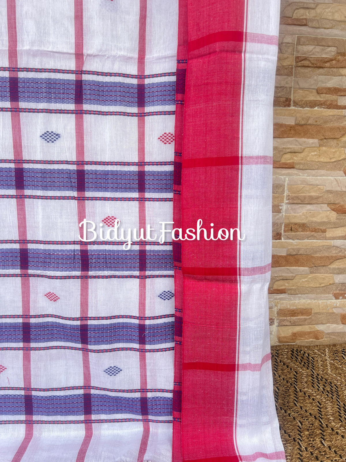 Handlooms of Odisha Santhal Tribal Cotton Saree white in red color