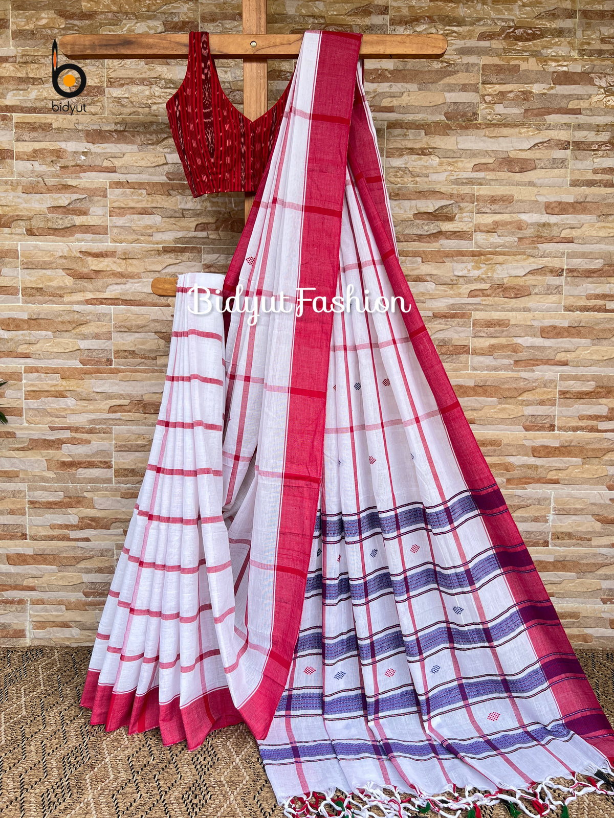 Handlooms of Odisha Santhal Tribal Cotton Saree white in red color