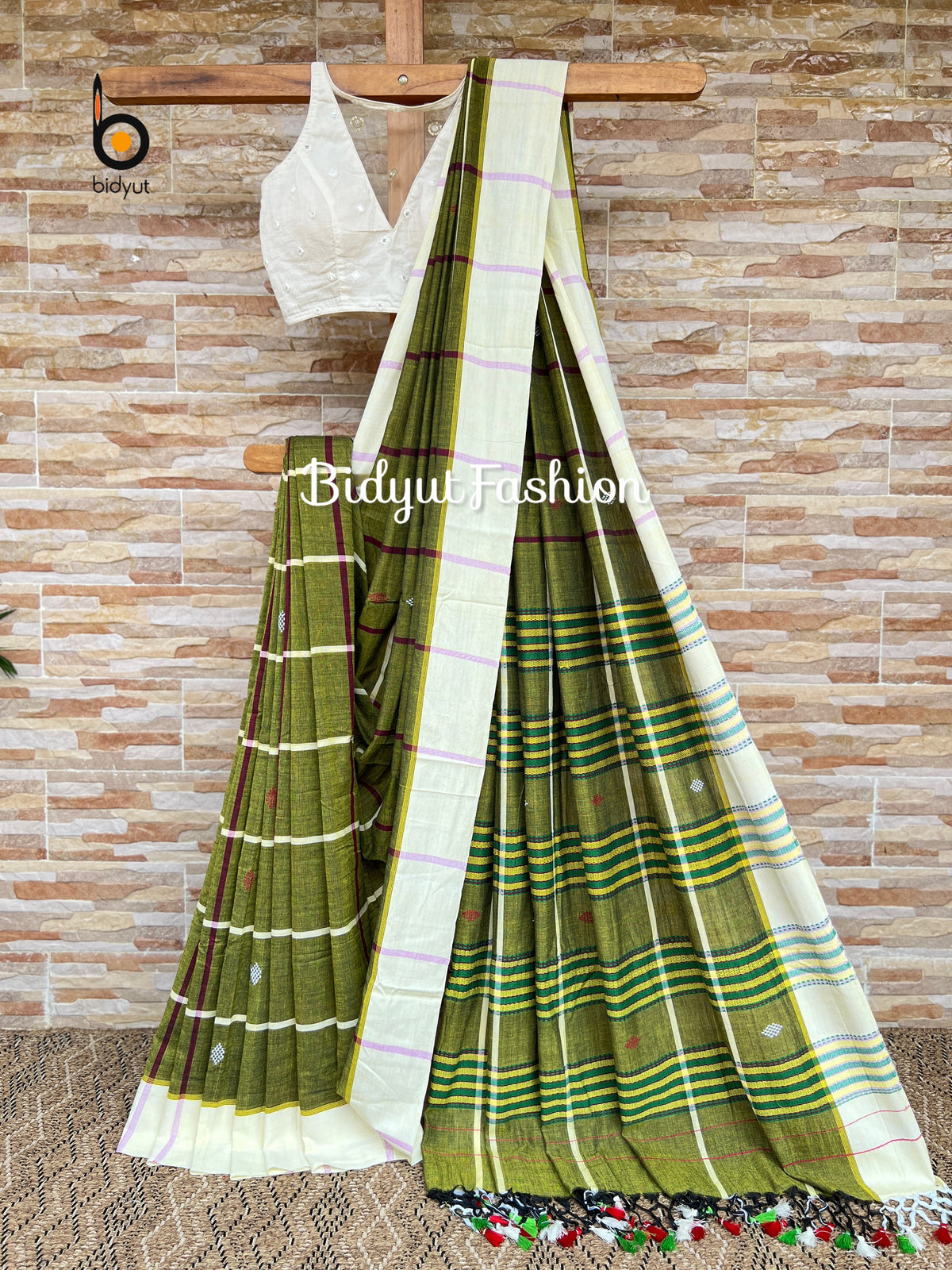 Handlooms of Odisha Santhal Tribal Cotton Sarees Olive green color