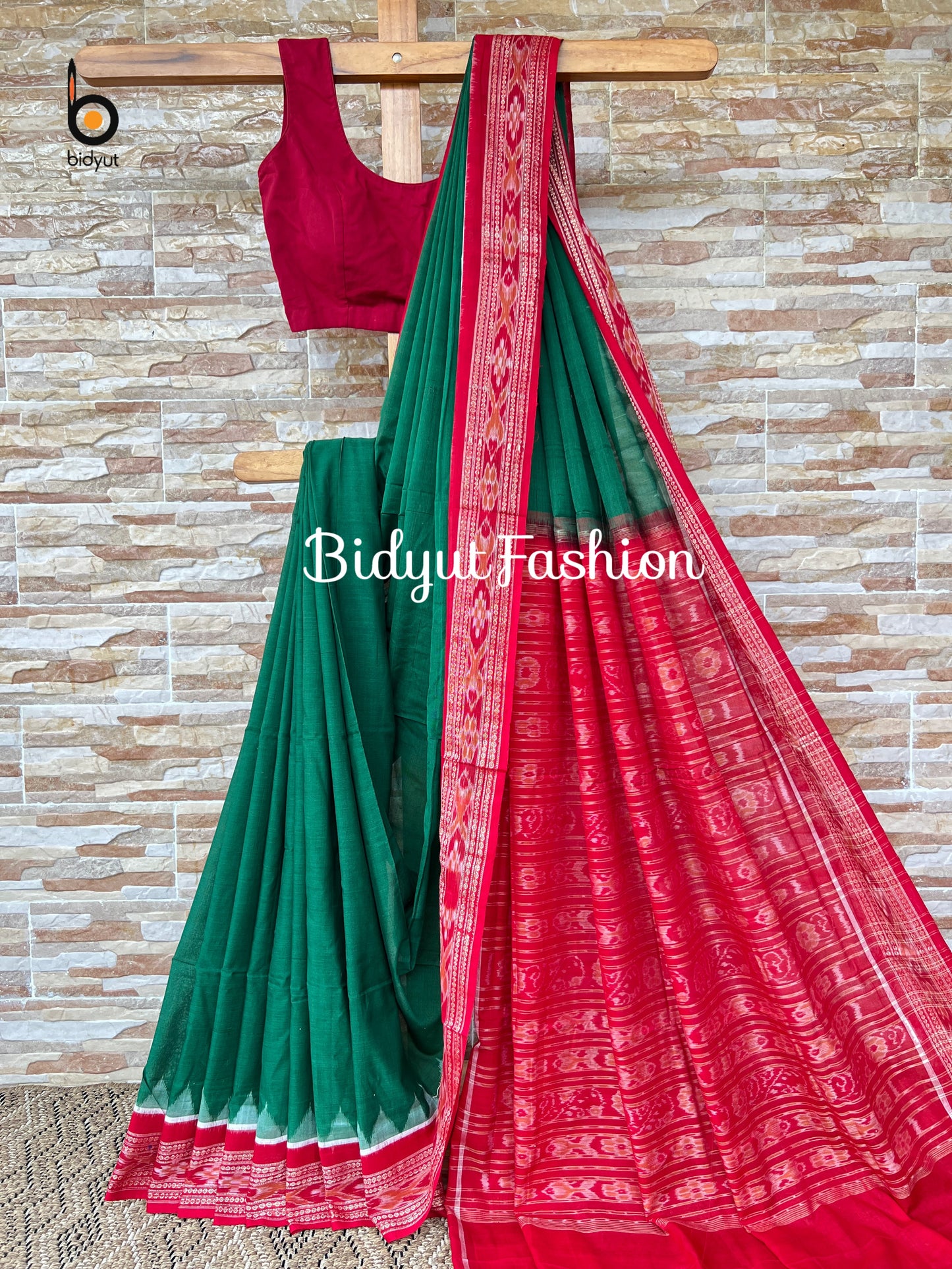 Handlooms of Odisha Sambalpuri Ikat Cotton Saree Green Color