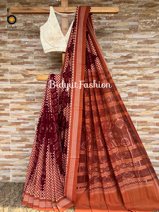 Handlooms of Odisha Sambalpuri Ikat cotton saree maroon color