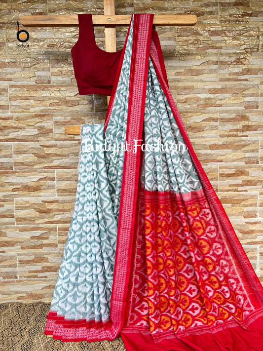 Handlooms of Odisha Sambalpuri Ikat Cotton Saree White Red Color