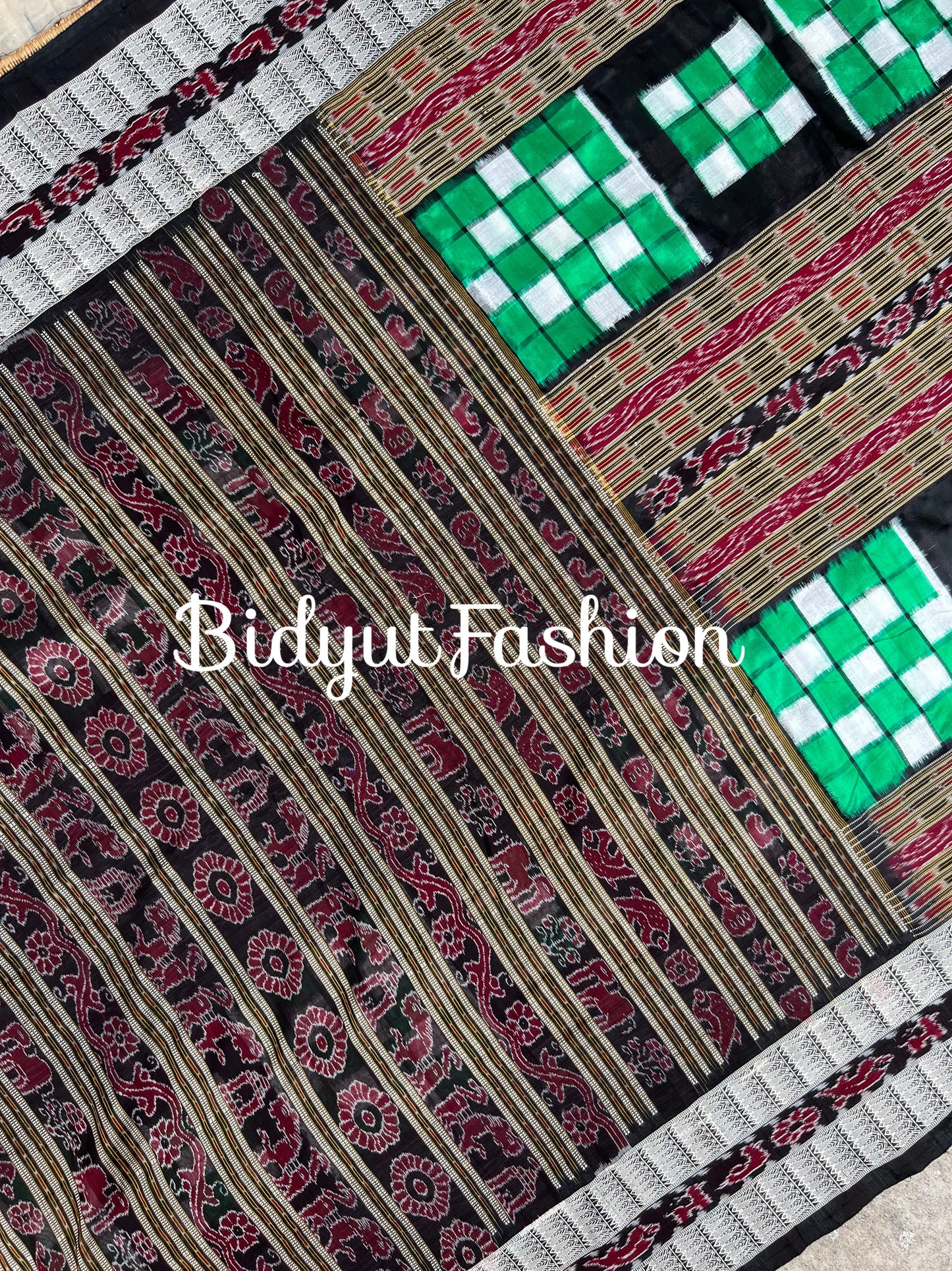 Handlooms of Odisha Sambalpuri Double Ikat Bichitrapuri Silk Saree Green color