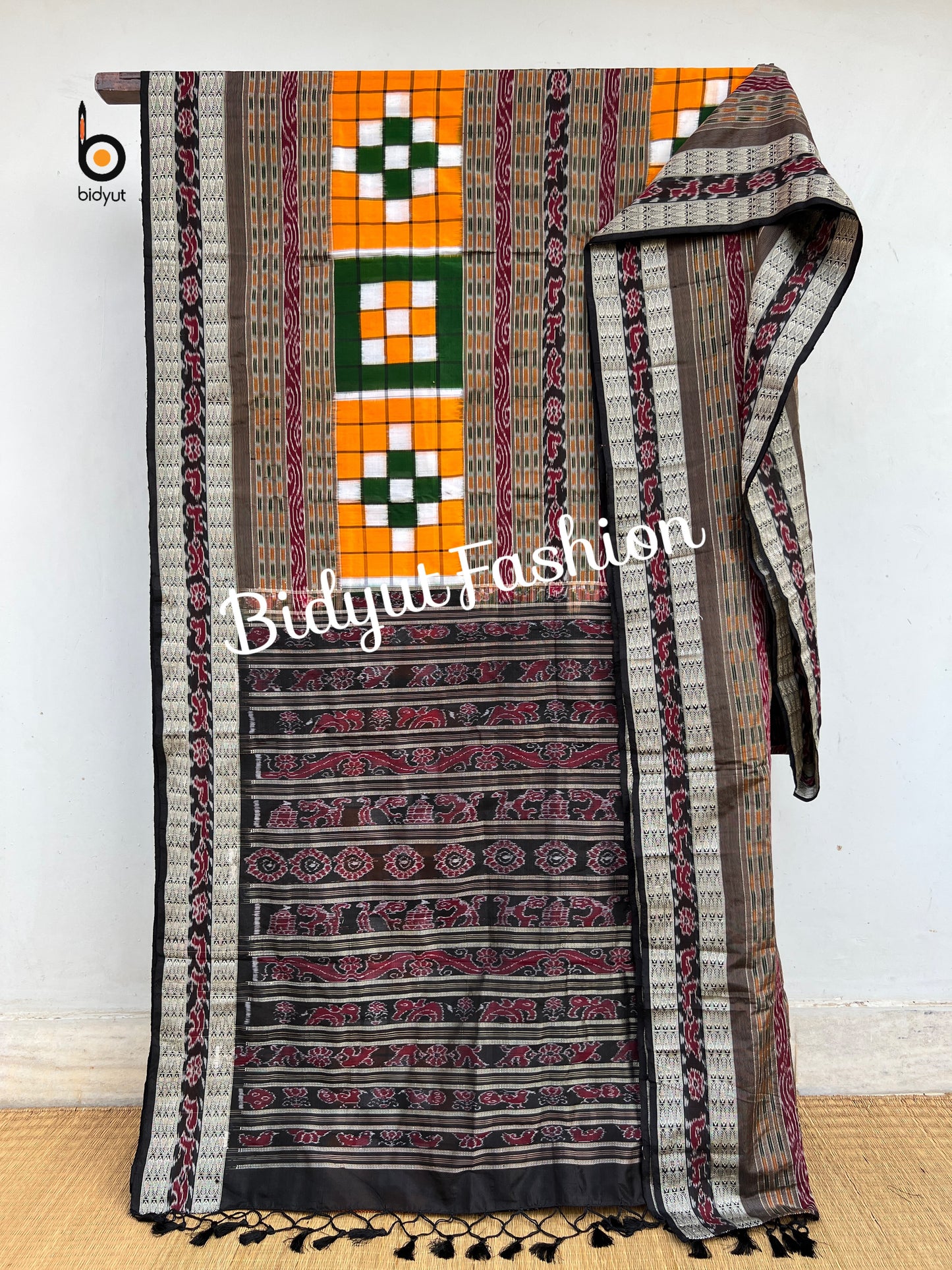 Handlooms of Odisha Sambalpuri Double Ikat Bichitrapuri Silk Saree Orange color