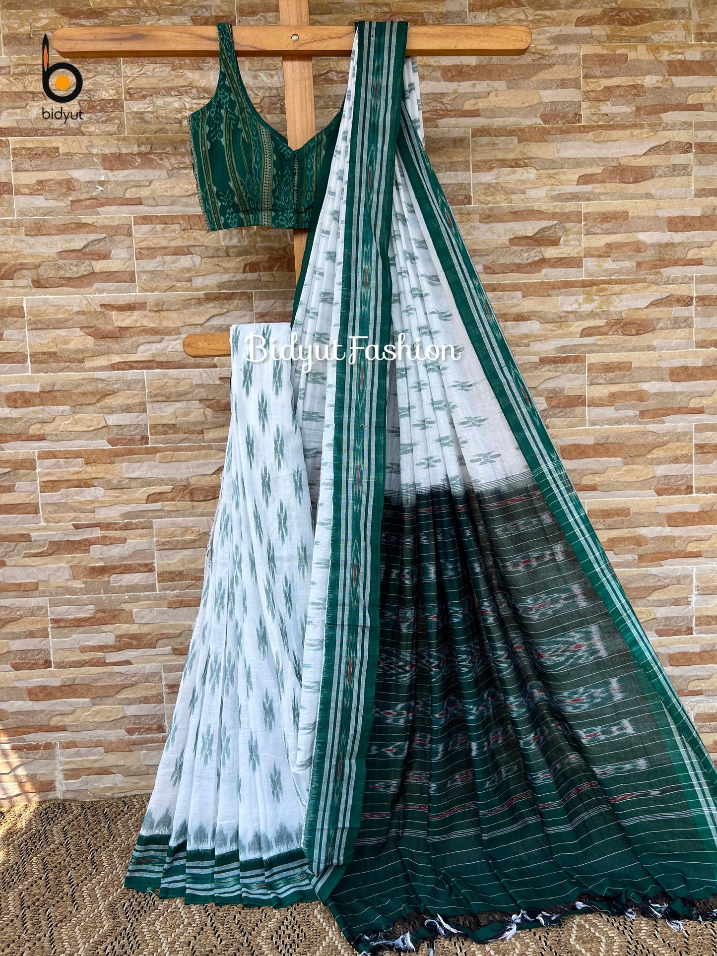 Handlooms of Odisha Maniabandha Nuapatna Ikat Cotton Saree white Color