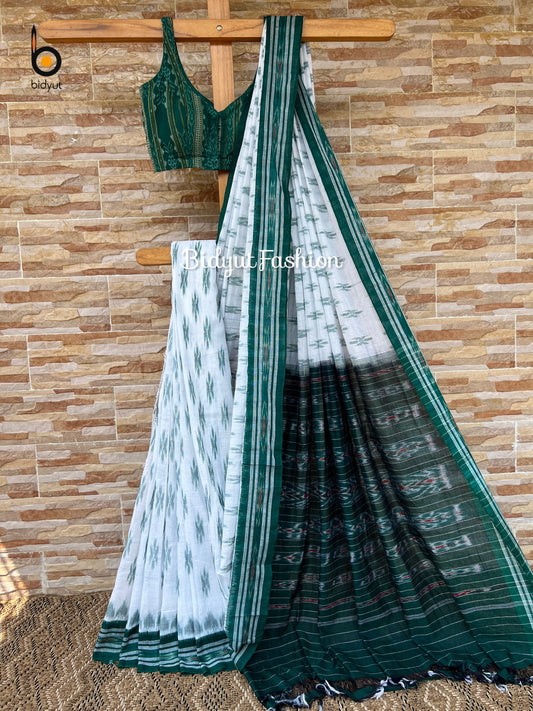 Handlooms of Odisha Maniabandha Nuapatna Ikat Cotton Saree white Color
