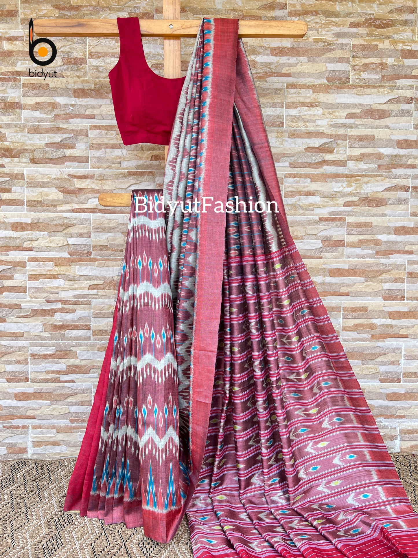 Handlooms of Odisha Gopalpur Ikat Tussar Silk Saree Red color base