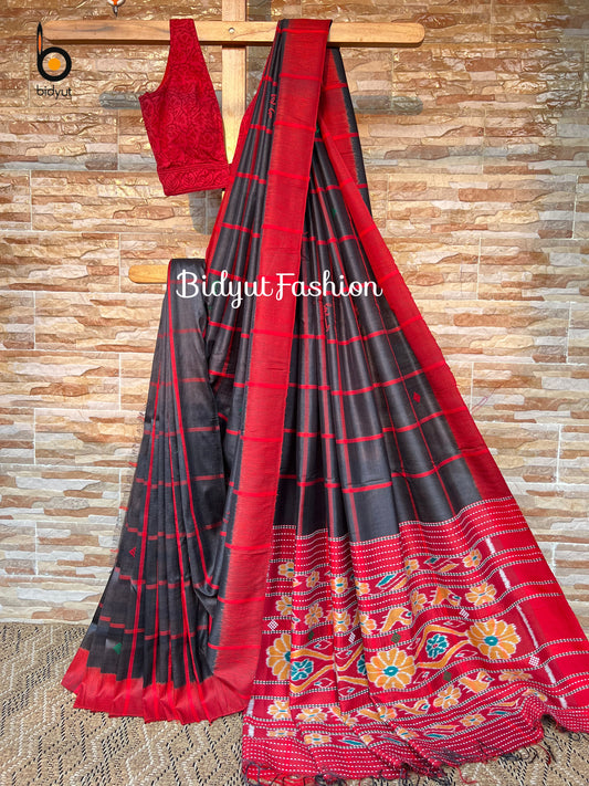 Handlooms of Odisha Santhal Tribal Tussar Silk Sarees Black Color