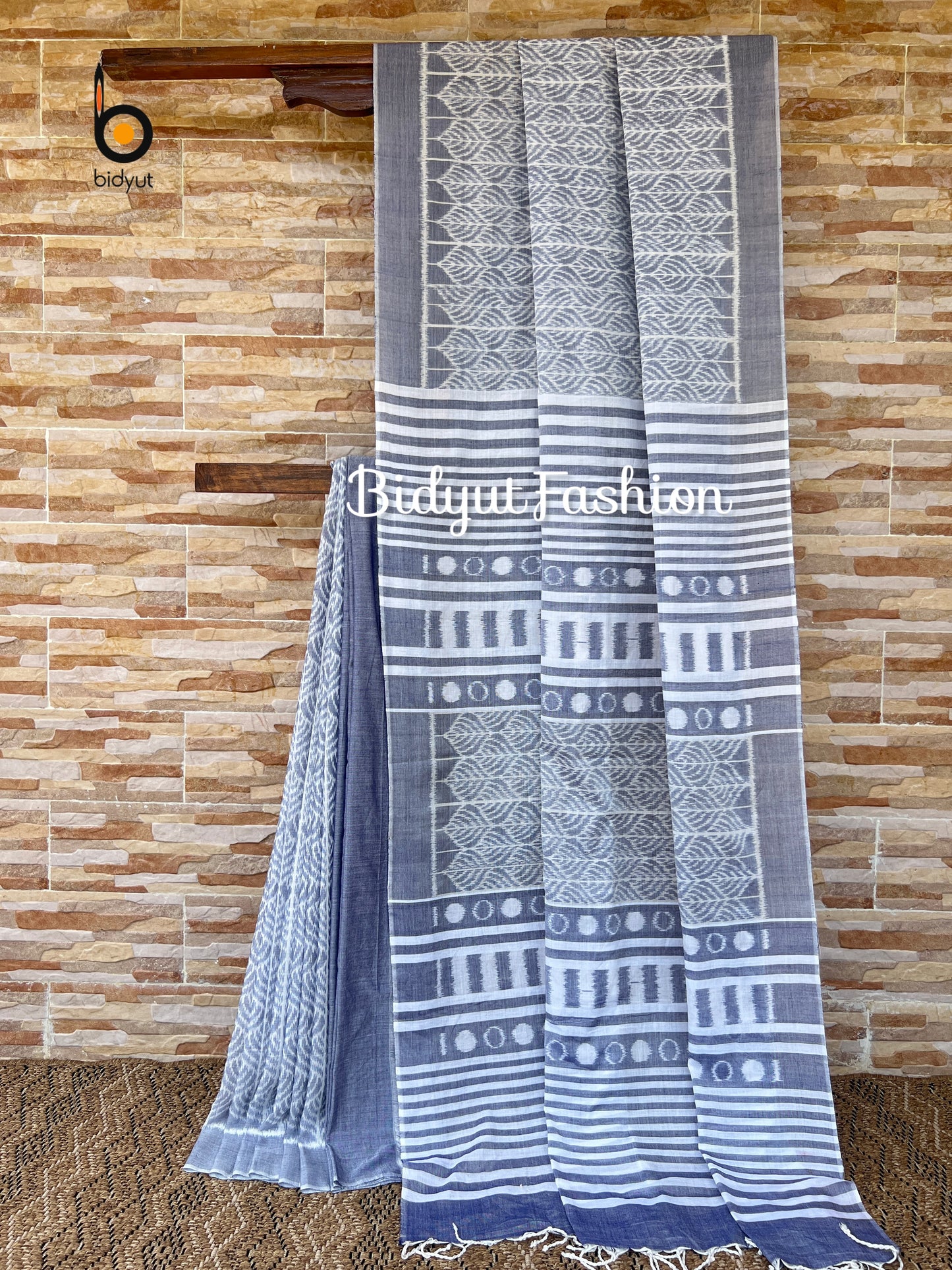 Nuapatna Ikat Saree in 100% Birla Excel Lyocell | Muted Gray & White | Odisha Handloom